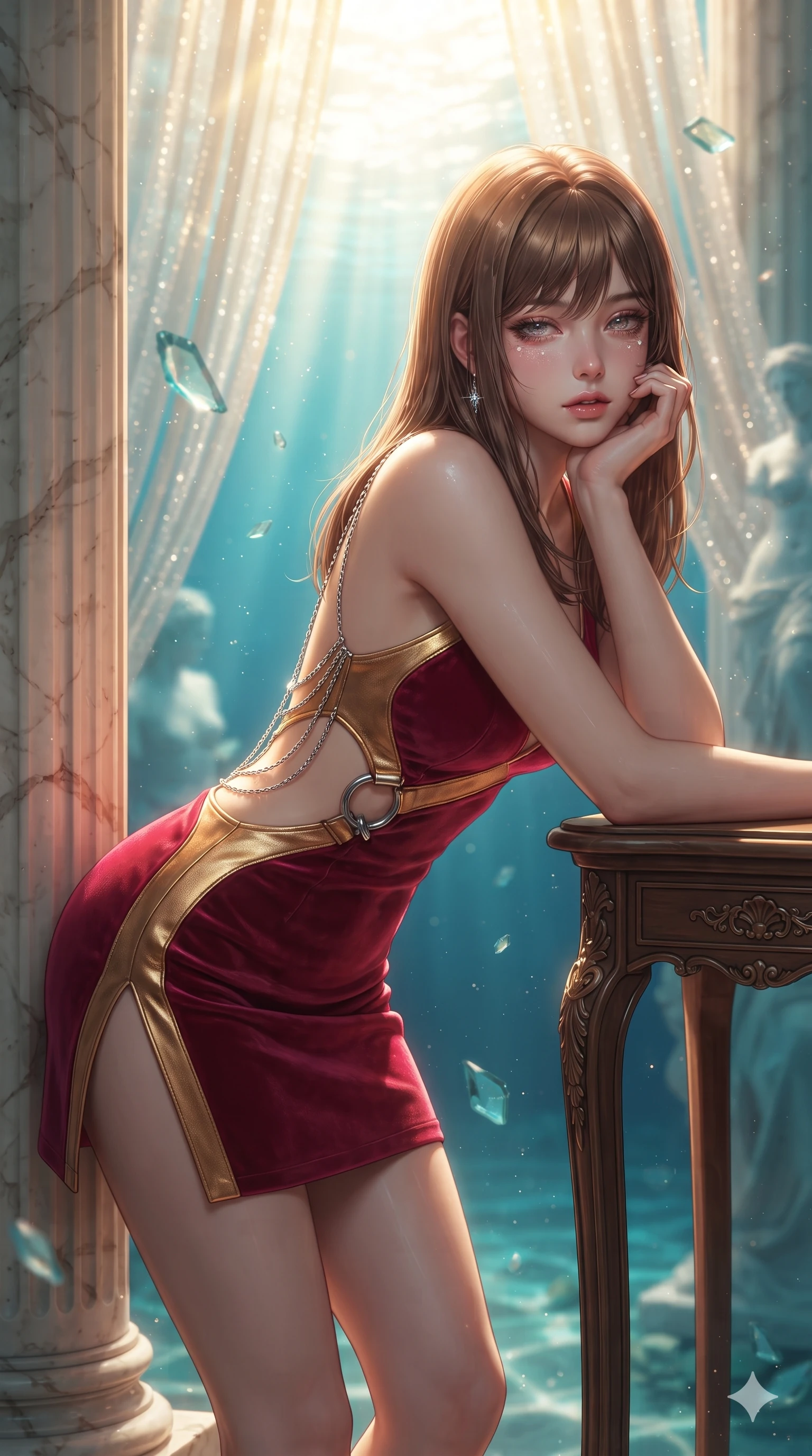 score_9, masterpiece, best quality, ultra-detailed, high-budget anime keyframe, editorial fashion photography, tasteful artistic composition, Korean woman. close-up cowboy shot from the waist and thighs up, the character dominates the composition, filling the frame with her large presence. resting one elbow on the table and supporting her chin, leaning close to the camera with heavy-lidded sparkling eyes and parted lips while leaning against the ancient fluted marble column with hips cocked back, looking through shimmering sunbeam curtains into the crystal depths with bedroom-eyes. The background shows a soft-focus brilliant volumetric sunbeams penetrating 20 meters of pristine turquoise water, drifting sea glass fragments, and submerged classical statues blurred into topaz, cyan, and pearl bokeh. She has an exceptionally elegant, slender, and willowy female figure with an ultra-slim waist, flat toned midriff, narrow ribcage, and sculpted feminine hips creating an alluring, slim hourglass silhouette without bulk. sharp v-shaped jawline, high-bridge nose, intricate jewel-like sparkling eyes with depth, thick eyelashes, glossy parted lips with a natural peach sheen, bright cheerful beaming smile with an enchanting and coquettish sensual glint, exuding both youthful cute charm and seductive allure, flawlessly proportioned anatomical accuracy, strict slender model proportions, natural body alignment, perfectly sculpted long slender limbs, ultra-slim waistline, clean dynamic posture without body distortion. wearing a provocative open-waist cutout mini dress framed by sculptural chrome hardware and thigh-high slit in royal opera crimson velvet and burnished gold, woven from buttery-soft stretch lambskin leather adhering to her body like a second skin, accented with an open-back drape framed by falling strands of delicate chrome chains, the form-contouring silhouette accentuating her sculpted flat midriff, narrow delicate ribcage, and gracefully curvy hips with intoxicating allure. bathed in blinding warm golden midday sunbeams slicing through cool turquoise water. ultra-reflective glossy finish, specular highlights, rich textural contrasts, high-contrast stereoscopic depth, volumetric dynamic lighting, 2k, ultra detail, master piece, 9:16 ratio