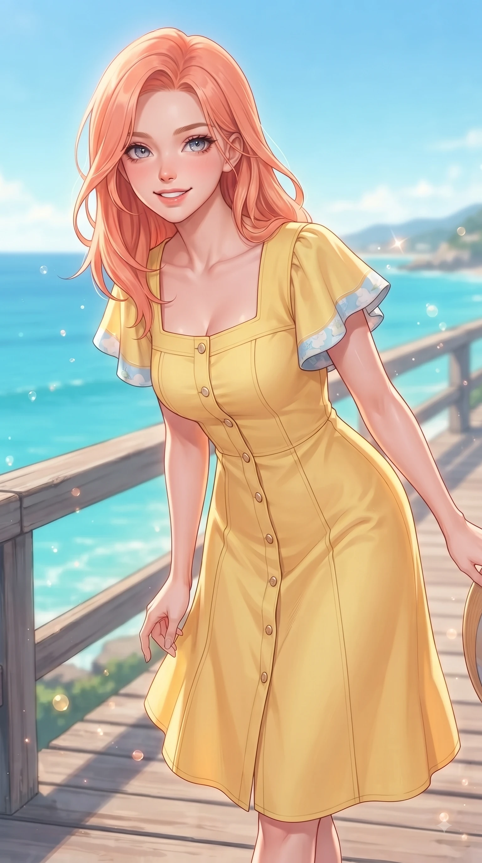 score_9, masterpiece, best quality, ultra-detailed, high-budget anime keyframe, editorial fashion photography, tasteful artistic composition, Japanese woman. close-up cowboy shot from the waist and thighs up, the character dominates the composition, filling the frame with her large presence. Cheerful beaming smile with sparkling eyes and a fresh girlhood aura, leaning forward with playful grace while walking cheerfully along a coastal wooden boardwalk overlooking a turquoise ocean under a bright blue sky. The composition keeps background elements in soft focus with dreamy bokeh. warm beach sunlight refracting off water droplets blurred into a soft pastel backdrop. She has an exceptionally elegant, slender, and willowy female figure with an ultra-slim waist, a gracefully sculpted slender torso, and a refined silhouette. sharp v-shaped jawline, high-bridge nose, intricate jewel-like eyes with depth, thick eyelashes, glossy lips with a natural sheen, flawlessly proportioned anatomical accuracy, natural body alignment, perfectly sculpted elegant limbs, clean dynamic posture without body distortion. wearing a cheerful daffodil-yellow button-front midi dress with short puff sleeves in baby blue and cloud white, made of comfortable premium stretch denim and soft jersey, featuring elegant flutter sleeves and a graceful square neckline, the tailored casual silhouette highlighting her fresh and youthful presence. bathed in brilliant tropical sunshine and glittering ocean water refractions. ultra-reflective glossy finish, specular highlights, metallic sheen, high-contrast stereoscopic depth, volumetric dynamic lighting, 2k, ultra detail, master piece, 9:16 ratio