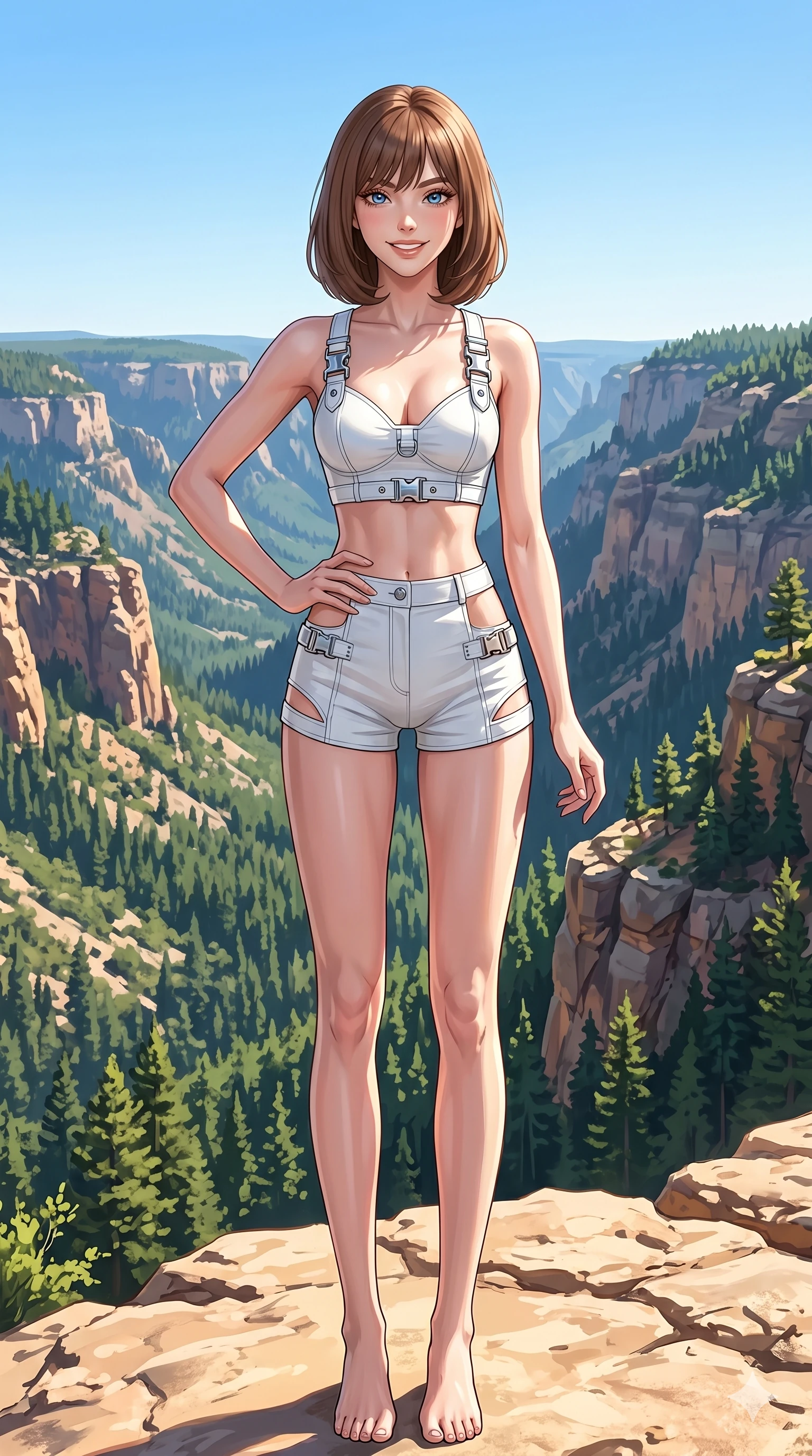 score_9, masterpiece, best quality, ultra-detailed, high-budget anime keyframe, editorial fashion photography, tasteful artistic composition, Caucasian woman, strictly human ears. cowboy shot from the thighs up, character and outfit filling the frame for maximum editorial presence. posing confidently with one hand on her hip, smiling with bright self-assurance standing on a rocky ledge overlooking a sun-drenched canyon with green pines. She has an absolutely perfect 8-heads proportion, an exceptionally tall and slender female figure with impossibly long slender legs and an ultra-slim waist. V-shaped jawline, high-bridge nose, intricate jewel-like eyes with depth, thick eyelashes, glossy lips with a natural sheen. wearing a structured white crop top with chrome hardware and high-waisted shorts with side cuts. drenched in brilliant, direct midday sunlight that highlights her athletic build. 2k, ultra detail, master piece, 9:16 ratio