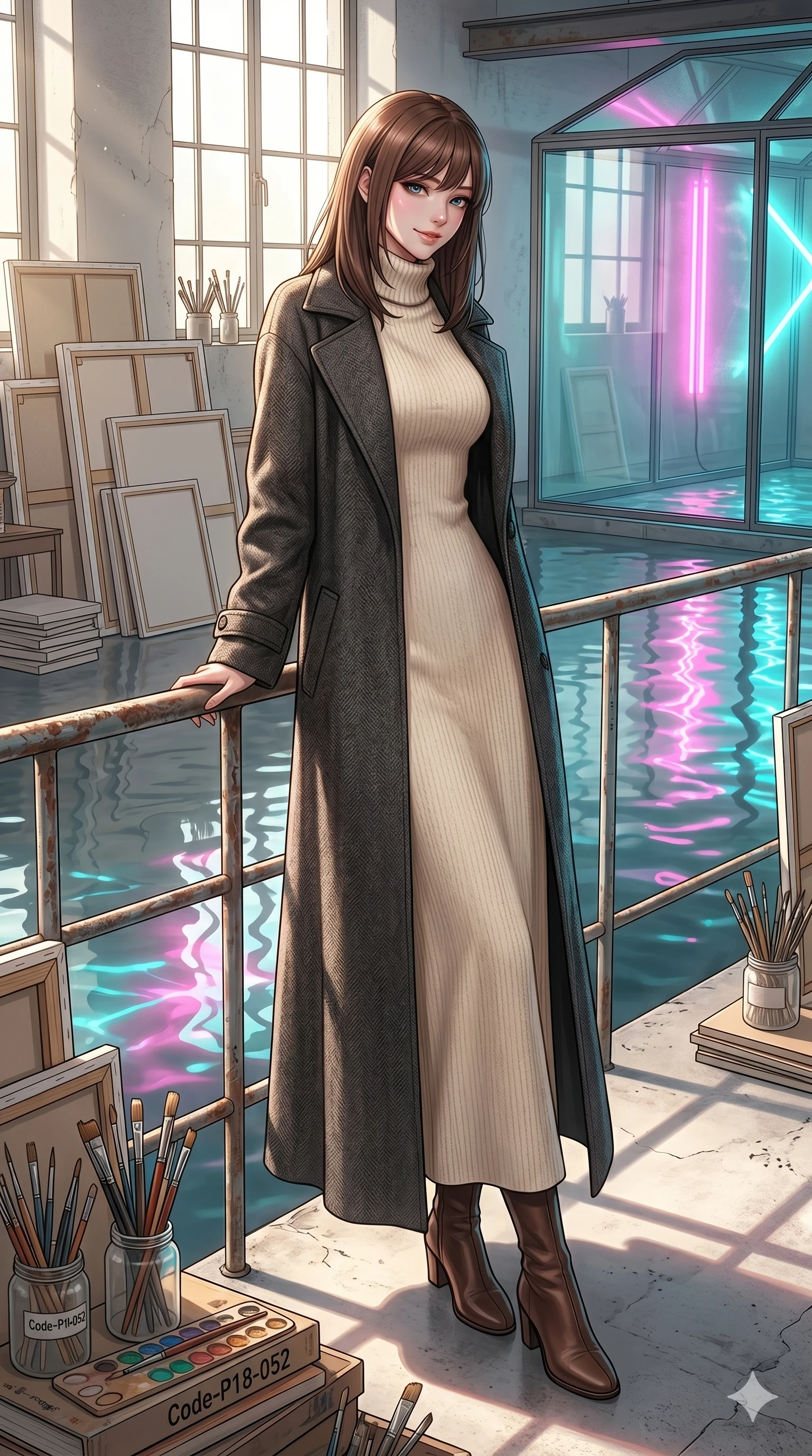 score_9, masterpiece, best quality, ultra-detailed, high-budget anime keyframe, editorial fashion photography, tasteful artistic composition, Korean woman. low angle full-body shot from head to toe showing her feet, filling the entire 9:16 vertical frame with her statuesque presence, stretching her vertical silhouette. leaning against the metal railing, looking over her shoulder with a magnetic, teasing half-smile in a quiet, sunlit art studio filled with blank canvases and brushes (Code-P18-052). She has an absolutely perfect 8-heads proportion, an exceptionally tall and slender female figure with impossibly long slender legs and an ultra-slim waist. V-shaped jawline, high-bridge nose, intricate jewel-like eyes with depth, thick eyelashes, glossy lips with a natural sheen. wearing a cozy high-neck turtleneck dress under a wool coat. neon pink and cyan reflections from the pool water casting shimmering light patterns. 2k, ultra detail, master piece, 9:16 ratio