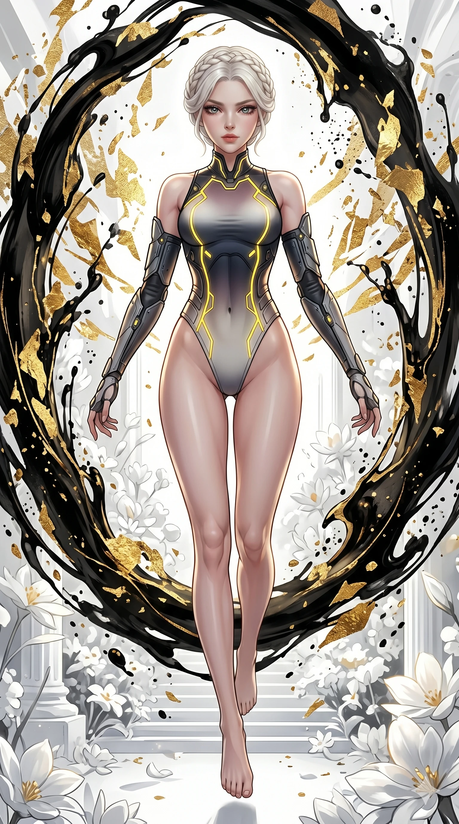 score_9, masterpiece, best quality, ultra-detailed, Set C: High-budget Anime Keyframe, Korean woman. Low angle cowboy shot filling the entire 9:16 frame with her statuesque presence. Leaping through a portal made of swirling ink and gold leaf into a bright white garden. She has an absolutely perfect 8-heads proportion, an exceptionally tall and slender female figure with impossibly long slender legs and an ultra-slim waist. Sharp v-shaped jawline, high-bridge nose, intricate jewel-like eyes with depth, thick eyelashes, glossy lips. Wearing a Tech-Fantasy outfit: high-cut tech-bodysuit with detached sleeves and glowing yellow seams. Background is a bright and colorful abstract dimension with gold and black ink splashes and white flowers. 2k, ultra detail, master piece, 9:16 ratio