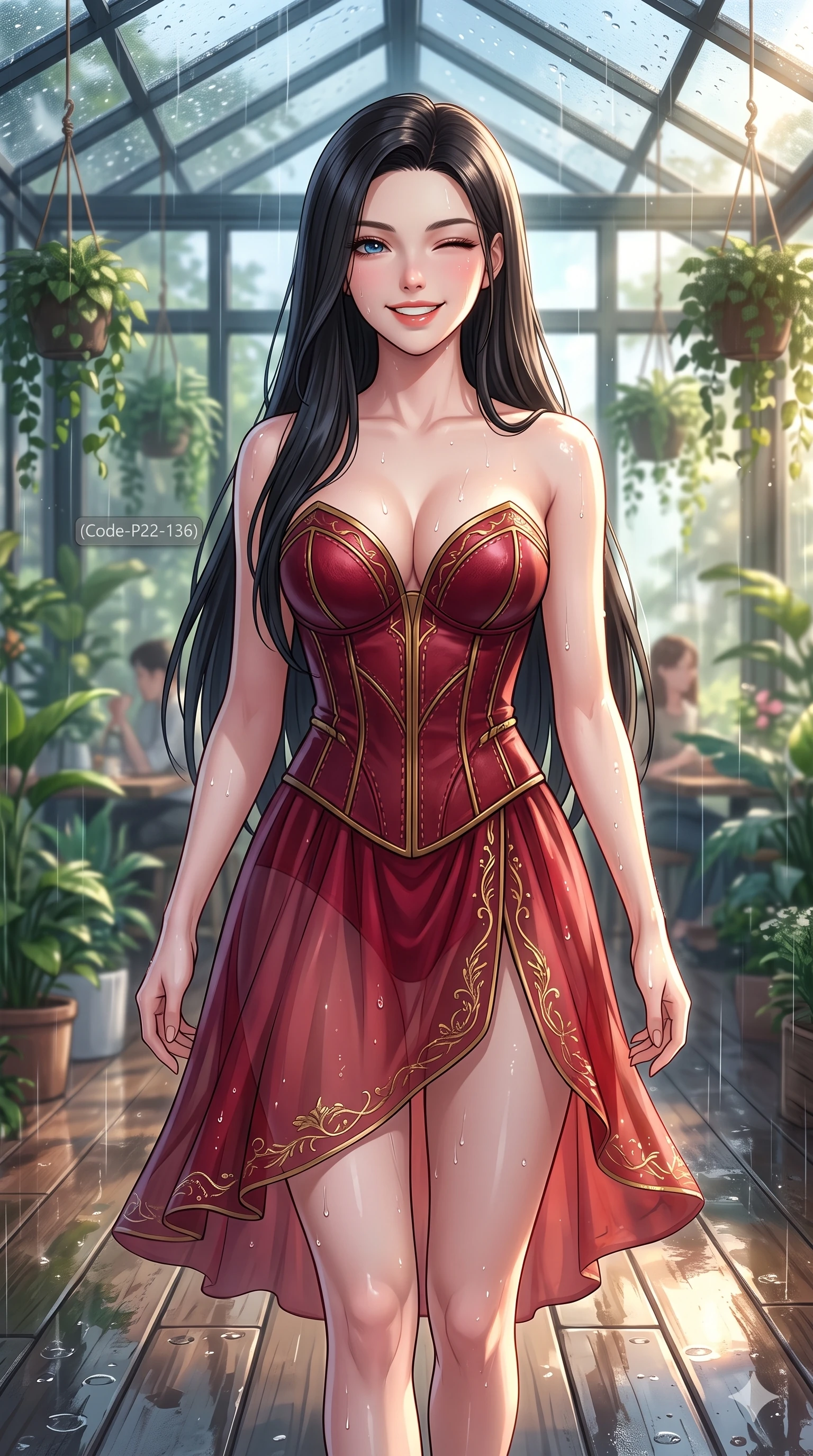 score_9, masterpiece, best quality, ultra-detailed, high-budget anime keyframe, vibrant anime aesthetic, Korean woman. close-up cowboy shot from the waist and thighs up, the character dominates the composition, filling the frame with her large presence, background elements kept in soft focus. She is walking down a rain-slicked path, winking and smiling cheerfully, gazing at the camera with sparkling eyes with a relaxed and elegant posture. the background shows a soft-focus spacious greenhouse cafe filled with hanging plants, where rain drums softly on the glass roof panels (Code-P22-136). She has an absolutely perfect proportion, an exceptionally elegant and slender female figure with an ultra-slim waist. V-shaped jawline, high-bridge nose, intricate jewel-like eyes with depth, thick eyelashes, glossy lips with a natural sheen. wearing a structured leather bodice featuring a sweetheart neckline and a translucent skirt in ruby red and gold accents. She is drenched in brilliant morning sunshine reflecting off wet glass domes, highlighting her winking face and glossy lips on the outdoor wooden terrace. 2k, ultra detail, master piece, 9:16 ratio