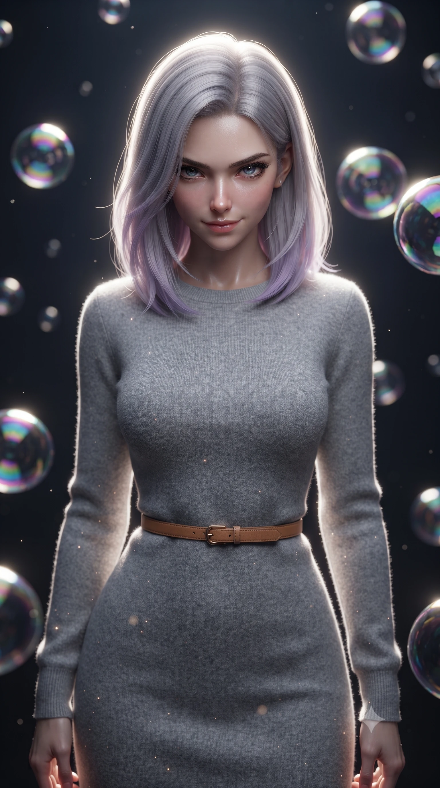 score_9, masterpiece, best quality, ultra-detailed, high-budget anime keyframe, editorial fashion photography, tasteful artistic composition, realistic cosplay photography, Caucasian woman, strictly human ears. close-up cowboy shot from the waist and thighs up, the character dominates the composition, filling the frame with her large presence, background elements kept in soft focus. Looking down at the opponent with quiet, menacing intensity and a cold half-smile. set against a soft-focus background of a dark abyss filled with giant floating soap bubbles, each bubble mirroring a distorted rainbow sky on its surface. She has an exceptionally elegant and slender, willowy female figure with an ultra-slim waist, a gracefully sculpted slender torso, and a refined slim physique. sharp v-shaped jawline, high-bridge nose, intricate jewel-like eyes with depth, thick eyelashes, glossy lips with a natural sheen. wearing catching and diffusing the glowing particles, shimmering softly in response to the surrounding light, a tailored soft grey wool-blend sweater dress with long sleeves, paired with a thin camel-colored leather belt. dramatic backlight creating a radiant halo effect around her entire silhouette. ultra-reflective glossy finish, specular highlights, metallic sheen, high-contrast stereoscopic depth, volumetric dynamic lighting, 2k, ultra detail, master piece, 9:16 ratio