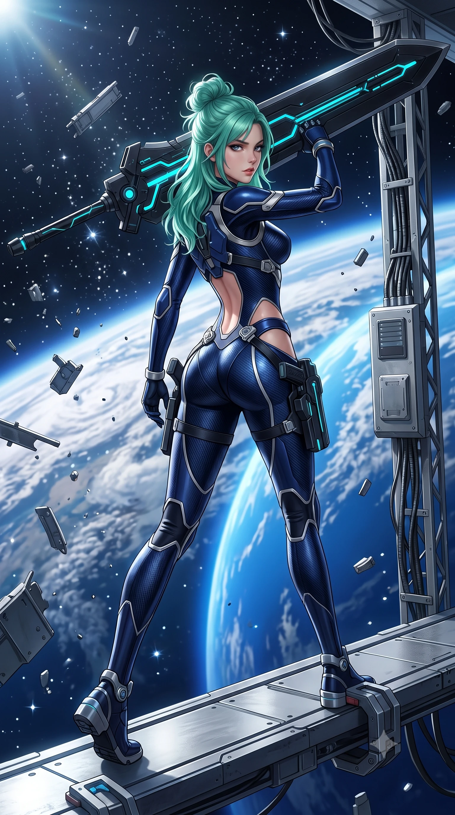 score_9, masterpiece, best quality, ultra-detailed, high-budget anime keyframe, semi-realistic 3D game render, editorial fashion photography, tasteful artistic composition, Japanese woman. low angle full-body shot from head to toe showing her feet, filling the entire 9:16 vertical frame with her statuesque presence, stretching her vertical silhouette. pivoting dynamically in mid-motion with a breathtakingly alluring posture, displaying her flawless model proportions, toned flat midriff, and ultra-slim waist while pivoting dynamically on a magnetic catwalk as floating zero-gravity metal debris and starlight frame her statuesque silhouette. The surrounding environment is rendered in vivid detail and crisp panoramic clarity. detailed magnetic boot clamp seams, Earth's atmospheric cloud patterns, and titanium gantry in high clarity. She has an absolutely perfect, statuesque 8.5-heads proportion, an exceptionally tall and slender model-like female figure with impossibly long slender legs, a toned flat midriff, and an ultra-slim waist. sharp v-shaped jawline, high-bridge nose, intricate jewel-like eyes with depth, thick eyelashes, glossy lips with a natural sheen, flawlessly proportioned anatomical accuracy, strict slender model proportions, natural body alignment, perfectly sculpted long slender limbs, ultra-slim waistline, clean dynamic posture without body distortion. wearing a statuesque midnight cobalt carbon-fiber armor-suit with platinum trim and an ultra-slim waistline, resting a massive sleek high-frequency anti-material greatsword across her shoulder in matte obsidian carbon black with electric cyan conduits, made of liquid carbon-jersey fabric adhering flawlessly to her sculpted silhouette, detailed with magnetic weapon holsters and polished chrome connection clasps, the precision-cut daring openings accentuating her delicate midriff, graceful bare collarbones, and ultra-slim feminine waistline. bathed in dazzling natural orbital sunlight and rich blue planetary ambient bounce light. rich saturated anime colors with glowing neon highlights, detailed shading with soft gradients, rich glossy textures, high-contrast stereoscopic depth, volumetric dynamic lighting, master piece, 9:16 ratio