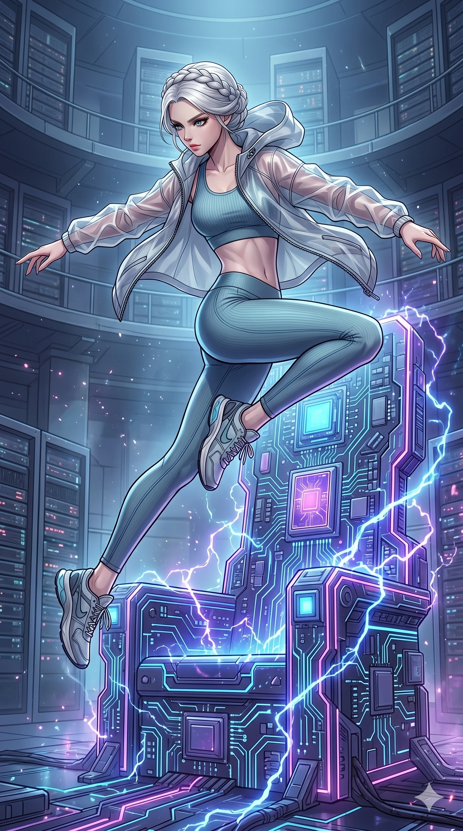 score_9, masterpiece, best quality, ultra-detailed, high-budget anime movie keyframe, cinematic anime lighting, intricate line art, Caucasian (strictly human ears) woman. Mid-air action shot capturing a graceful twist and vertical silhouette. leaping over a giant logic-board throne as it pulses with power. She has an absolutely perfect 8-heads proportion, an exceptionally tall and slender female figure with an ultra-slim waist and impossibly long slender legs. strictly human anatomy, two legs only, no extra limbs, clearly defined legs and arms, perfect anatomy, perfect hands and fingers. sharp v-shaped jawline, high-bridge nose, intricate jewel-like eyes, thick eyelashes, glossy lips. Wearing Premium Athleisure: Ribbed sports bra and leggings set, sheer windbreaker, and sleek high-performance activewear. The scene is illuminated by dramatic atmospheric lighting and vibrant color palettes. , 2k, ultra detail, master piece, 9:16 ratio