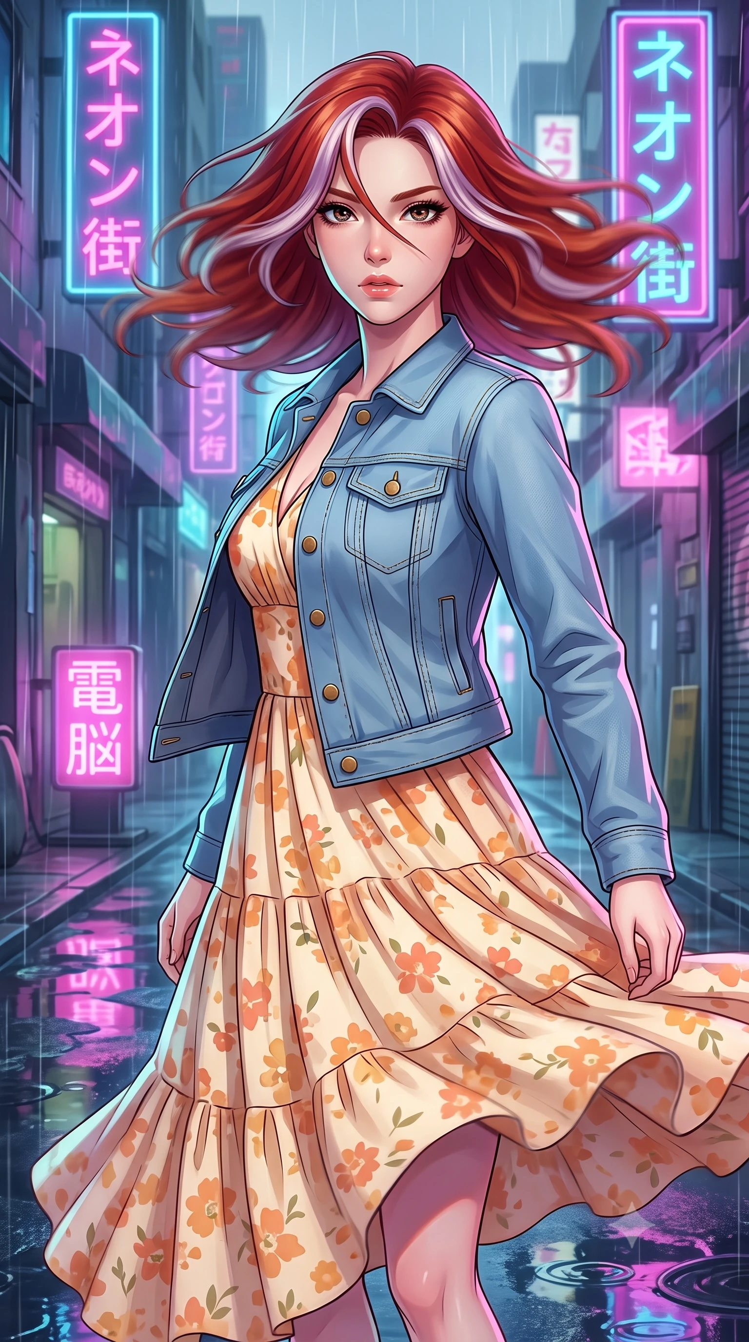 score_9, masterpiece, best quality, ultra-detailed, high-budget anime keyframe, clean line-art, cel-shading, Caucasian woman, strictly human ears. close-up cowboy shot from the waist and thighs up, the character dominates the composition, filling the frame with her large presence, background elements kept in soft focus. Executing a sudden, fast pivot to face the camera, her hair whipping violently across her face. set against a soft-focus background of a narrow futuristic backstreet during heavy rain, neon signs in Japanese letters reflecting in pools of oily water. She has an exceptionally elegant and slender, willowy female figure with an ultra-slim waist, a gracefully sculpted slender torso, and a refined slim physique. sharp v-shaped jawline, high-bridge nose, intricate jewel-like eyes with depth, thick eyelashes, glossy lips with a natural sheen. wearing the lightweight fabric rippling and billowing dramatically with her movement, a tailored tailored light blue denim jacket over a tiered cotton maxi dress in a warm cream and apricot floral print. soft glowing ambient light with sharp side key light tracing the sleek contours of her figure. highly saturated vibrant anime colors, intense vivid color palette, volumetric dynamic lighting, 2k, ultra detail, master piece, 9:16 ratio