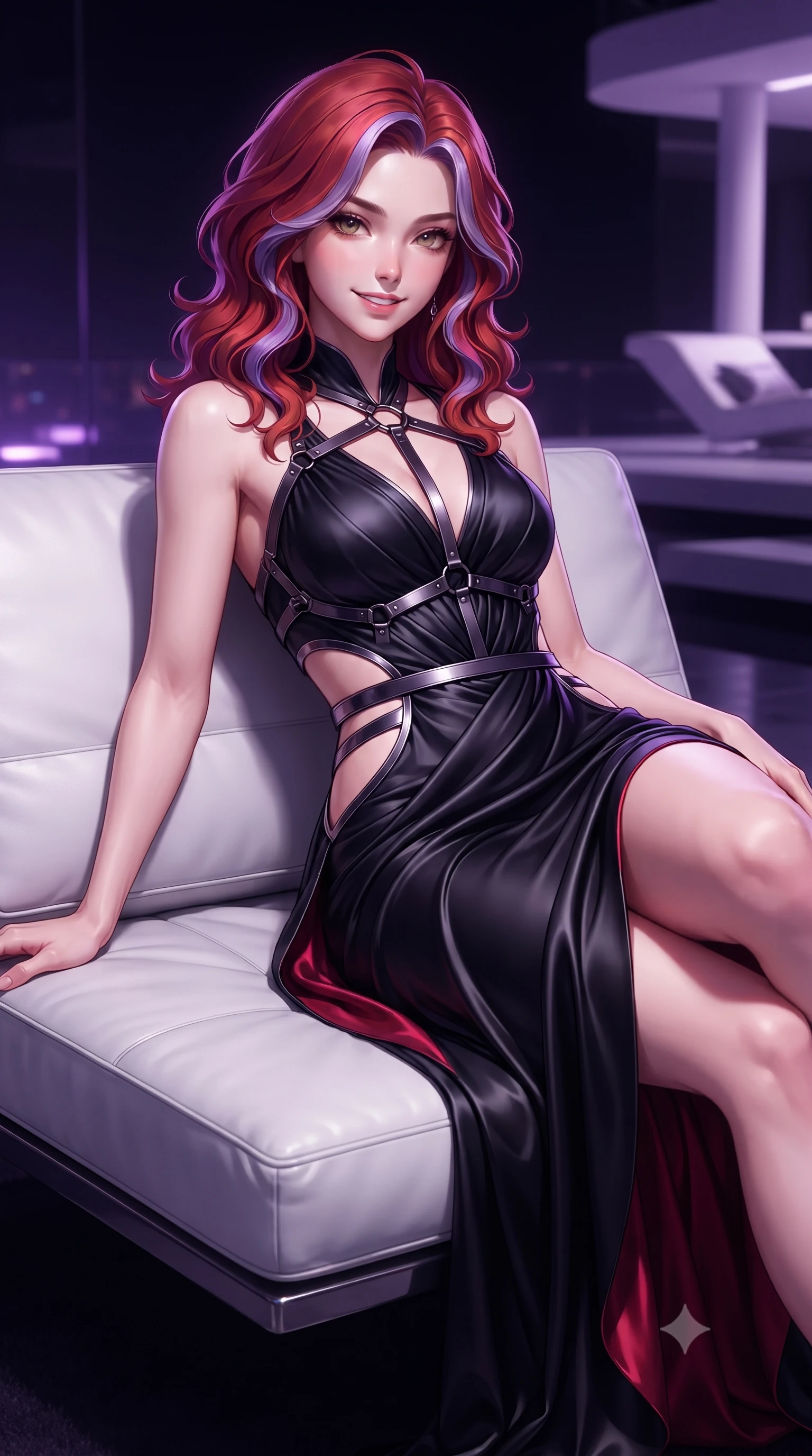 score_9, masterpiece, best quality, ultra-detailed, high-budget anime keyframe, editorial fashion photography, tasteful artistic composition, Caucasian woman. close-up cowboy shot from the waist and thighs up, the character dominates the composition, filling the frame with her large presence, background elements kept in soft focus. Smiling with quiet, magnetic self-assurance directly into the camera, lounging on a sleek white leather daybed under dark purple ambient lights, ultra-modern futuristic luxury fashion composition. She has an exceptionally elegant, slender, and willowy female figure with an ultra-slim waist, a gracefully sculpted slender torso, and a refined silhouette. sharp v-shaped jawline, high-bridge nose, intricate jewel-like eyes with depth, thick eyelashes, glossy lips with a natural sheen. wearing draped obsidian silk gown featuring tasteful waist slit cutouts in metallic dark silver, made of soft crimson satin, highlighted by a gunmetal metallic harness structure, contouring every curve with an exceptionally elegant silhouette. bathed in high-contrast digital neon rim light and pitch-dark ambient shadows. highly saturated vibrant anime colors, detailed shading with soft gradients, rich glossy textures, high-contrast stereoscopic depth, volumetric dynamic lighting, master piece, 9:16 ratio