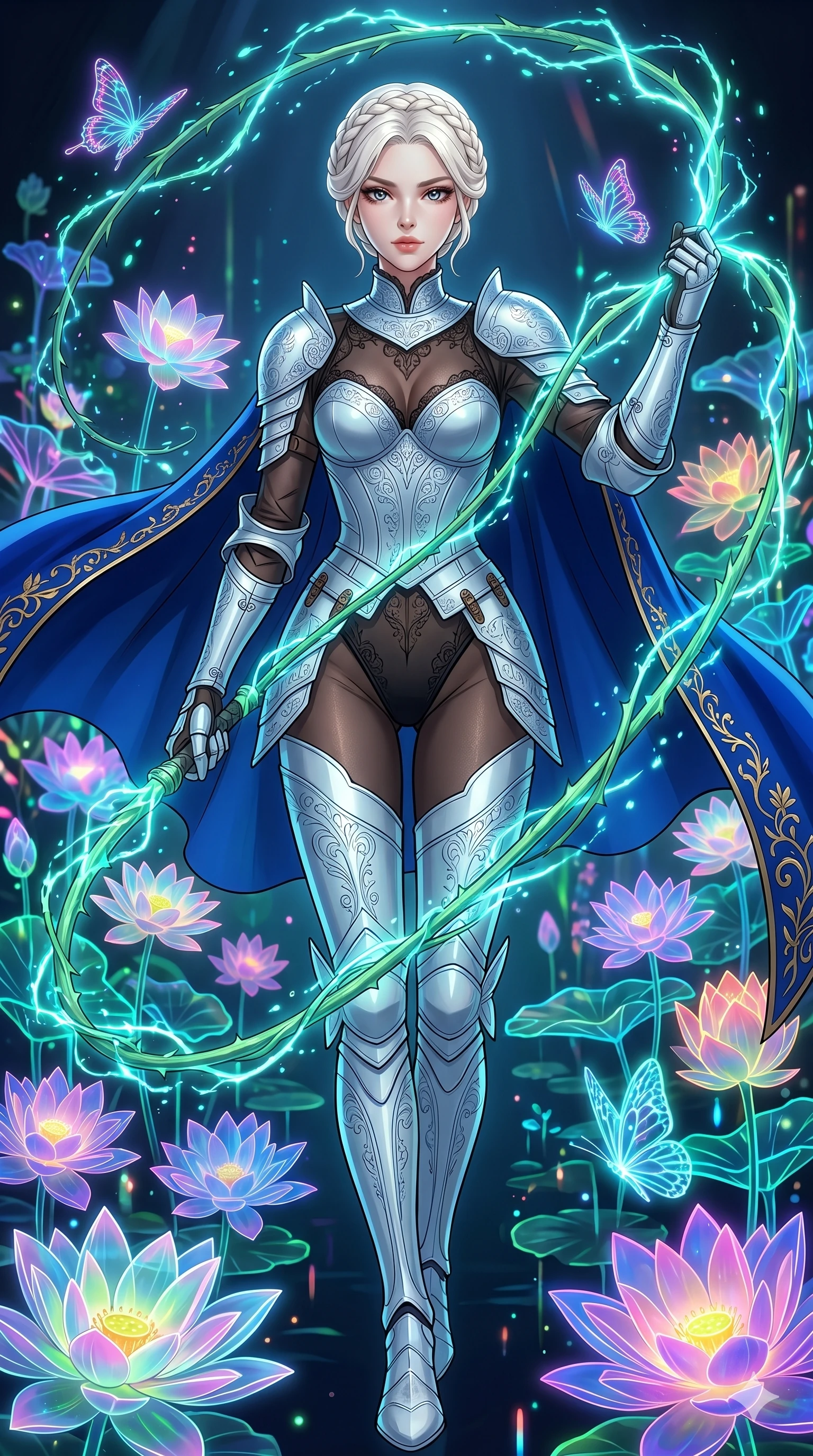 score_9, masterpiece, best quality, ultra-detailed, High-budget Anime Keyframe, vibrant colors, fluid line-art, expressive lighting, cinematic composition, Ufotable-style visual effects, top-tier animation quality, Korean woman with idol-like refined features. Low angle cowboy shot filling the entire 9:16 frame with her statuesque presence, looking up to emphasize her height. Wielding a glowing vine whip that crackles with bioluminescent energy, devoid of thorns. She has an absolutely perfect 8-heads proportion, an exceptionally tall and slender female figure with impossibly long slender legs and an ultra-slim waist, her statuesque height and towering silhouette dominating the vertical 9:16 frame. Her face is a masterpiece featuring a sharp v-shaped jawline, high-bridge nose, intricate jewel-like eyes with depth, thick eyelashes, and glossy lips with a natural sheen. She is wearing a Form-fitting light silver plate armor with intricate engravings, over a sheer silk bodysuit with a elegant neckline, and a royal blue velvet cape.. The scene is set in a digital garden filled with holographic lotus flowers and neon butterflies. 2k, ultra detail, master piece, 9:16 ratio
