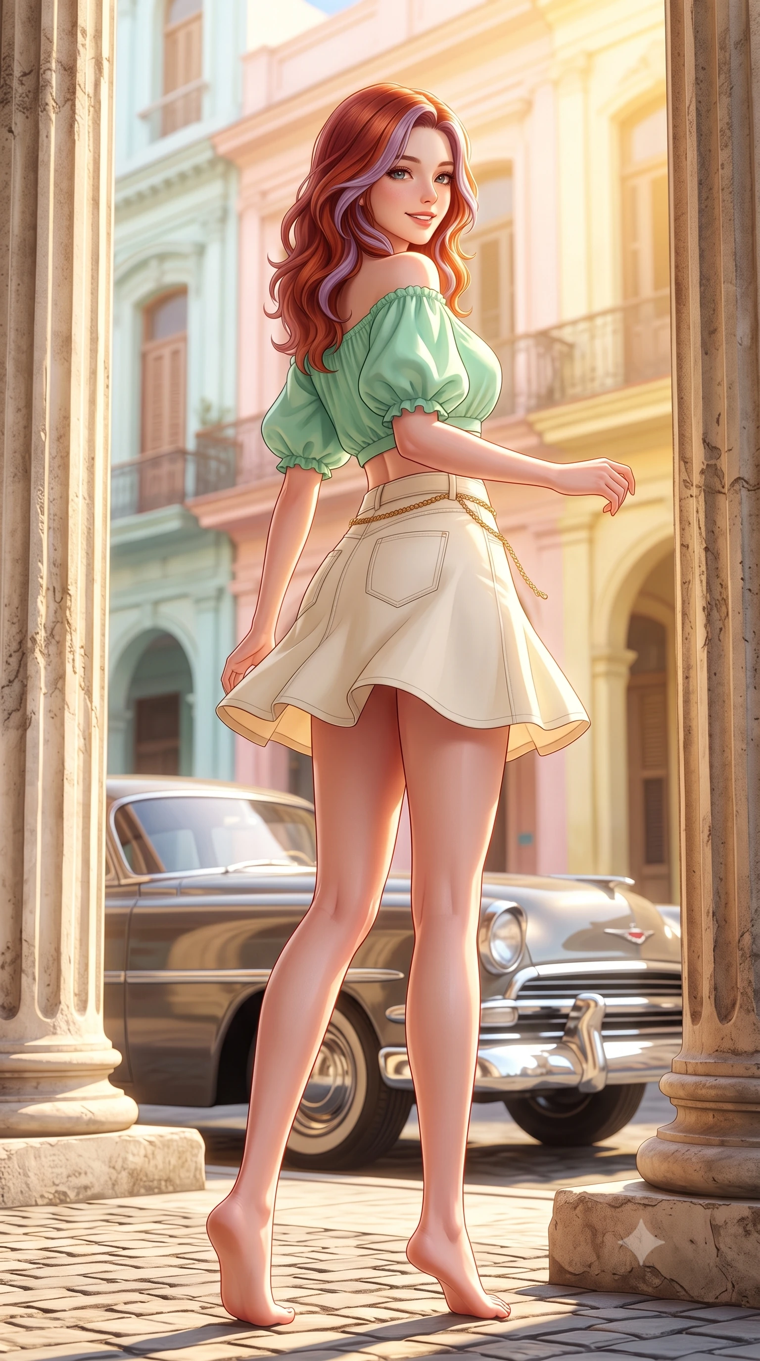 score_9, masterpiece, best quality, ultra-detailed, high-budget anime keyframe, semi-realistic 3D game render, editorial fashion photography, tasteful artistic composition, Caucasian woman. low angle full-body shot from head to toe showing her feet, filling the entire 9:16 vertical frame with her statuesque presence, stretching her vertical silhouette. executing a cheerful mid-motion pivot turn as her skirt flutters around her slender legs, glancing over her shoulder with an intoxicating, teasing cute expression while standing poised between ancient neoclassical stone columns with hips cocked back, looking over her shoulder with an alluring, sun-dazed bedroom-gaze. The surrounding environment is rendered in vivid detail and crisp panoramic clarity. sharp neoclassical column plaster textures, chrome car bumper reflections, and cobblestone paving in deep focus. She has an exceptionally tall and slender model-like 8.5-heads proportion, an ultra-slim waist, a flat toned midriff, narrow delicate ribcage, and beautifully sculpted feminine hips creating a graceful, slim hourglass silhouette without any bulky heaviness, with impossibly long slender legs. sharp v-shaped jawline, high-bridge nose, intricate jewel-like sparkling eyes with depth, thick eyelashes, glossy parted lips with a natural peach sheen, bright cheerful beaming smile with an enchanting and coquettish sensual glint, exuding both youthful cute charm and seductive allure, flawlessly proportioned anatomical accuracy, strict slender model proportions, natural body alignment, perfectly sculpted long slender limbs, ultra-slim waistline, clean dynamic posture without body distortion. wearing an off-shoulder puff-sleeve crop blouse with a tight high-waisted denim A-line mini skirt emphasizing her curvy hips in refreshing mint green and soft vanilla cream, tailored from crisp cotton poplin with clean structural lines, accented with a delicate gold chain belt resting loosely on her curvy hips, the form-contouring cut accentuating her sculpted flat midriff, narrow delicate ribcage, and gracefully curvy hips with supermodel precision. bathed in intense golden afternoon Caribbean sunlight washing over pastel building facades. highly saturated vibrant anime colors, detailed shading with soft gradients, rich glossy textures, high-contrast stereoscopic depth, volumetric dynamic lighting, master piece, 9:16 ratio