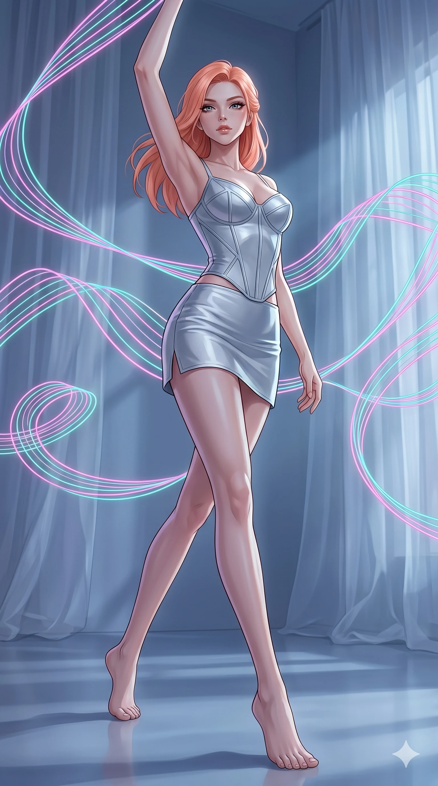 score_9, masterpiece, best quality, ultra-detailed, high-budget anime keyframe, editorial fashion photography, tasteful artistic composition, Japanese woman. low angle full-body shot from head to toe showing her feet, filling the entire 9:16 vertical frame with her statuesque presence, stretching her vertical silhouette. Lunging dynamically forward with one arm raised within a chamber where sound waves are visible as floating neon ribbons of pink and teal. She has an absolutely perfect 8-heads proportion, an exceptionally tall and slender female figure with impossibly long slender legs and an ultra-slim waist. V-shaped jawline, high-bridge nose, intricate jewel-like eyes with depth, thick eyelashes, glossy lips with a natural sheen. wearing a structured silver bustier with geometric seams, paired with a matching silver mini-skirt with a small side slit. bathed in cold silver moonlight filtered through translucent gossamer curtains casting soft shadows on her curves. 2k, ultra detail, master piece, 9:16 ratio