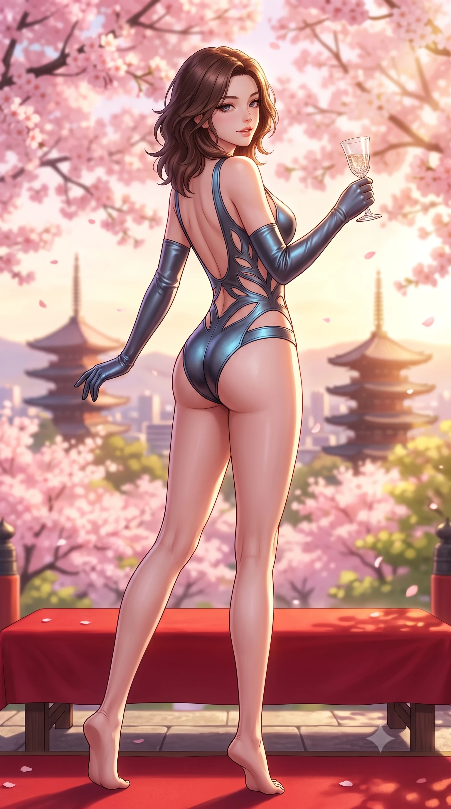 score_9, masterpiece, best quality, ultra-detailed, high-budget anime keyframe, semi-realistic 3D game render, editorial fashion photography, tasteful artistic composition, Korean woman. low angle full-body shot from head to toe showing her feet, filling the entire 9:16 vertical frame with her statuesque presence, stretching her vertical silhouette. executing an elegant mid-motion pivot turn as garments swirl around her slender limbs, glancing over her shoulder with an intoxicating bedroom-gaze while reclining on a red felt bench beside the temple hall, her long slender legs and narrow waist highlighted against the distant Kyoto city skyline. The composition keeps background elements in soft focus with creamy bokeh. endless canopy of blooming pink sakura cherry blossoms and distant Kyoto pagoda spires blurred into soft rose-pink, gold, and spring-green bokeh. She has an exceptionally tall and slender model-like 8.5-heads proportion, an ultra-slim waist, a flat toned midriff, narrow delicate ribcage, and beautifully sculpted feminine hips creating a graceful, slim hourglass silhouette without any bulky heaviness, with impossibly long slender legs. sharp v-shaped jawline, high-bridge nose, intricate jewel-like eyes with depth, thick eyelashes, glossy parted lips with a natural sheen, intensely captivating and seductive bedroom-eyes expression, flawlessly proportioned anatomical accuracy, strict slender model proportions, natural body alignment, perfectly sculpted long slender limbs, ultra-slim waistline, clean dynamic posture without body distortion. wearing a botanical cutout monokini with organic leaf-curve side openings and high-cut hip bands in metallic gunmetal and electric azure, formed from supple second-skin lambskin leather with specular sheen, accessorized with opera-length satin gloves and a vintage crystal glass, the precision-cut side openings and low-back scoop framing her graceful spine and the sensual sweep of her slim, toned hips. bathed in breathtaking golden hour sunset backlighting filtered through cherry blossom branches. highly saturated vibrant anime colors, detailed shading with soft gradients, rich glossy textures, high-contrast stereoscopic depth, volumetric dynamic lighting, master piece, 9:16 ratio