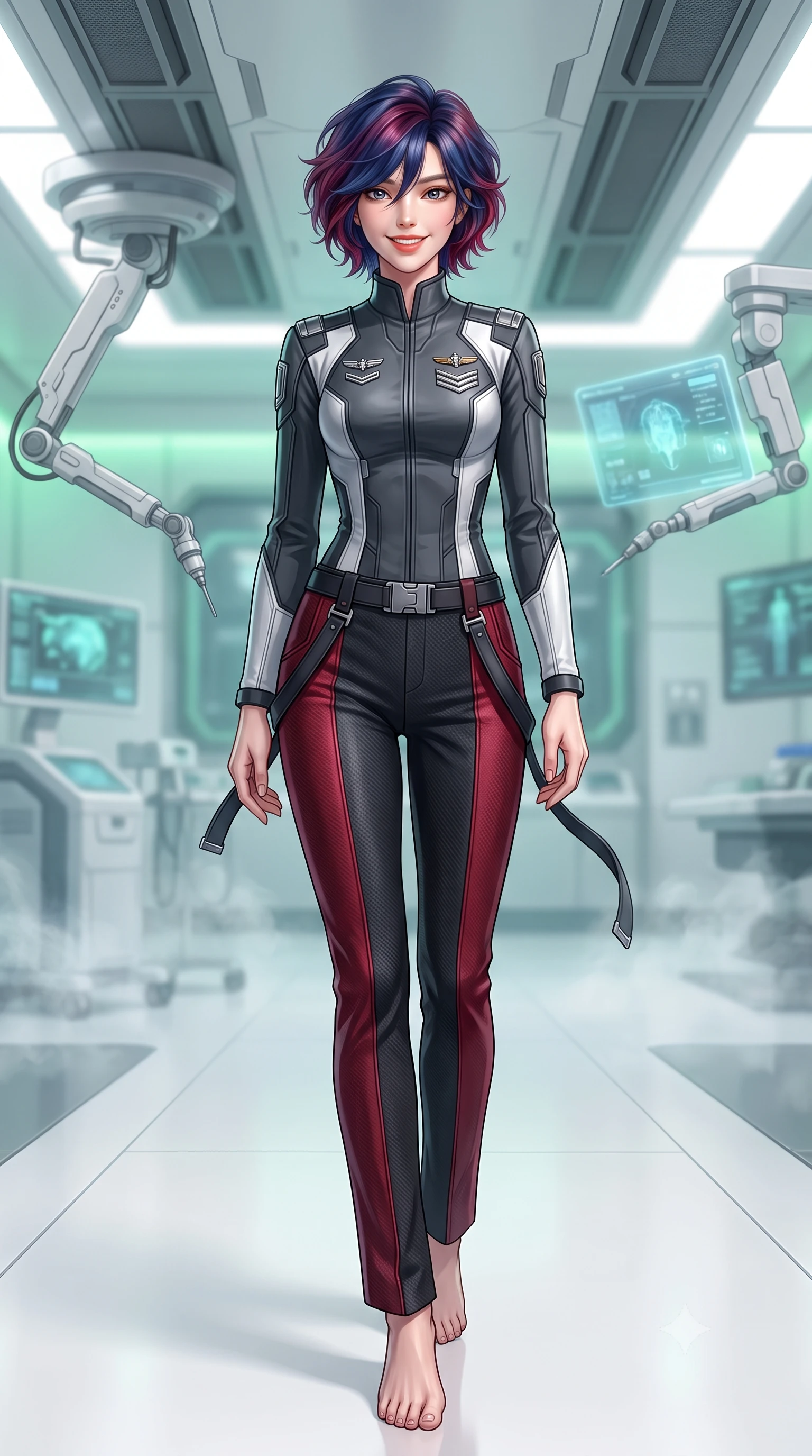 score_9, masterpiece, best quality, ultra-detailed, high-budget anime keyframe, semi-realistic 3D game render, editorial fashion photography, tasteful artistic composition, Korean woman. low angle full-body shot from head to toe showing her feet, filling the entire 9:16 vertical frame with her statuesque presence, stretching her vertical silhouette. stepping slowly toward the camera with hypnotic grace, hips swaying in an alluring sensual rhythm that accentuates her curvy hourglass silhouette and long slender legs while standing poised on the seamless white resin floor of the high-end cyber-clinic, arching her lower back with sovereign diva presence as articulated surgical laser arms hover overhead. The background shows a soft-focus sterile clinical micro-vapor softened in luxury cyber-clinic penthouse shallow focus. She has an exceptionally tall and slender model-like 8.5-heads proportion, an ultra-slim waist, a flat toned midriff, narrow delicate ribcage, and beautifully sculpted feminine hips creating a graceful, slim hourglass silhouette without any bulky heaviness, with impossibly long slender legs. sharp v-shaped jawline, high-bridge nose, intricate jewel-like sparkling eyes with depth, thick eyelashes, glossy parted lips with a natural peach sheen, bright cheerful beaming smile with an enchanting and coquettish sensual glint, exuding both youthful cute charm and seductive allure, flawlessly proportioned anatomical accuracy, strict slender model proportions, natural body alignment, perfectly sculpted long slender limbs, ultra-slim waistline, clean dynamic posture without body distortion. wearing a tailored orbital colony command uniform in dark grey and white paneling with rank insignia pins and tailored straight-leg trousers in Star-Fortress obsidian black and imperial crimson, woven from structured carbon-fiber jacquard with rich textural depth, finished with sleek magnetic buckle closures fluttering in the breeze, the bespoke structured tailoring following the natural line of her 8.5-heads silhouette with refined elegance. bathed in pristine 6000K clinical white light combined with soft emerald holographic ambient glow. highly saturated vibrant anime colors, detailed shading with soft gradients, rich glossy textures, high-contrast stereoscopic depth, volumetric dynamic lighting, master piece, 9:16 ratio