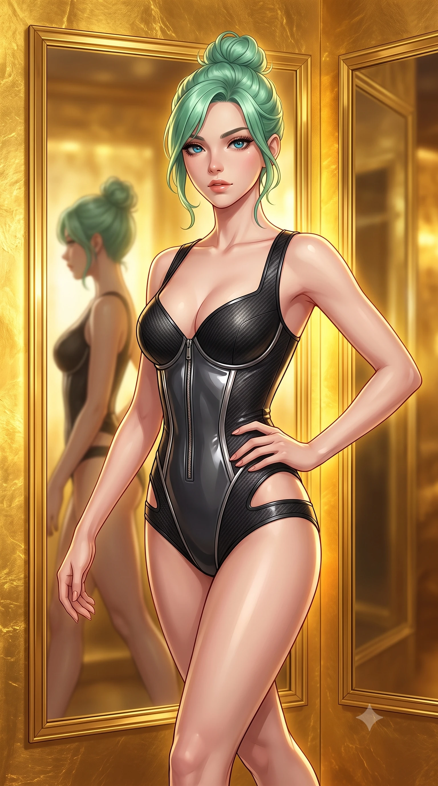 score_9, masterpiece, best quality, ultra-detailed, high-budget anime keyframe, editorial fashion photography, tasteful artistic composition, Japanese woman. close-up cowboy shot from the waist and thighs up, the character dominates the composition, filling the frame with her large presence, background elements kept in soft focus. Holding a confident power pose with one hand on her hip, walking past gold-framed mirror panels reflecting her sleek silhouette, hand-hammered gold leaf walls radiating an intense, warm golden inner glow. She has an exceptionally elegant, slender, and willowy female figure with an ultra-slim waist, a gracefully sculpted slender torso, and a refined silhouette. sharp v-shaped jawline, high-bridge nose, intricate jewel-like eyes with depth, thick eyelashes, glossy lips with a natural sheen. wearing sculpted structured cup bodysuit in matte black carbon-fiber with hip cutouts in dark charcoal gray, made of high-gloss liquid vinyl, finished with metallic silver boning and sleek zipper points, following her slender form with tailored precision. surrounded by a regal gold and black ambiance with crisp rim lights. highly saturated vibrant anime colors, detailed shading with soft gradients, rich glossy textures, high-contrast stereoscopic depth, volumetric dynamic lighting, master piece, 9:16 ratio