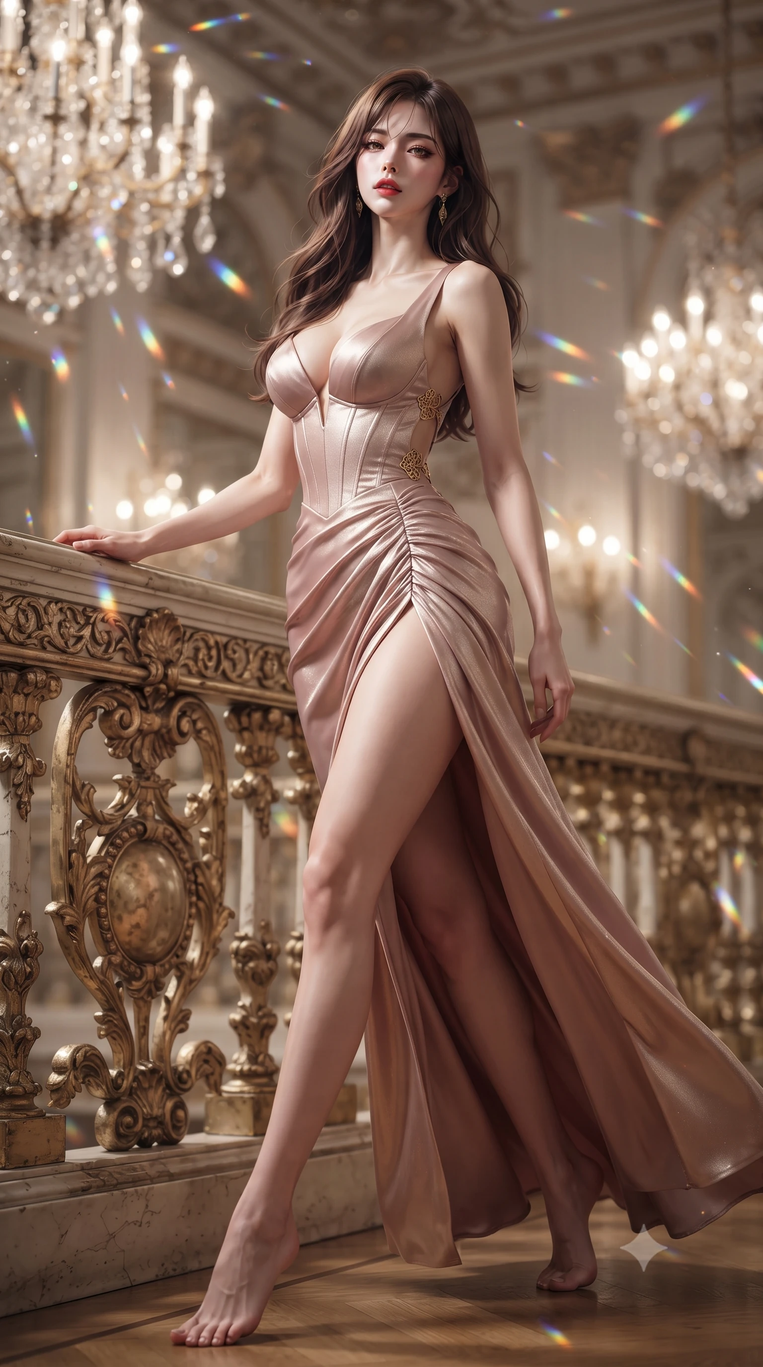 score_9, masterpiece, best quality, ultra-detailed, high-budget anime keyframe, editorial fashion photography, tasteful artistic composition, Korean woman. low angle full-body shot from head to toe showing her feet, filling the entire 9:16 vertical frame with her statuesque presence, stretching her vertical silhouette. striding forward in a proud supermodel runway stride, hips swaying in an alluring kinetic rhythm that accentuates her curvy hourglass silhouette while leaning back against an ornate gold-leaf balustrade under crystal chandeliers, head tilted back with bedroom-eyes locking onto the viewer. The composition keeps background elements in soft focus with creamy bokeh. sparkling chandelier prism refractions scattering dancing rainbow light motes across the hall. She has an absolutely perfect, statuesque 8.5-heads proportion, an exceptionally tall and slender model-like female figure with impossibly long slender legs, a toned flat midriff, an ultra-slim waist, and beautifully sculpted feminine hips. sharp v-shaped jawline, high-bridge nose, intricate jewel-like eyes with depth, thick eyelashes, glossy parted lips with a natural sheen, intensely captivating and seductive bedroom-eyes expression, flawlessly proportioned anatomical accuracy, strict slender model proportions, natural body alignment, perfectly sculpted long slender limbs, ultra-slim waistline, clean dynamic posture without body distortion. wearing an opulent rococo pastel silk corseted gown with a plunging sweetheart neckline and gathered high-slit skirt in dusky blush rose and champagne shimmer, made of liquid silk jersey adhering flawlessly to her slender build, finished with a dramatic open back secured by golden filigree clasps, the precision-cut side openings and low-back scoop framing her graceful spine and the sensual sweep of her hips. surrounded by an aristocratic, scandalous, and breathlessly mesmerizing imperial duchess aura. ultra-reflective glossy finish, specular highlights, rich textural contrasts, high-contrast stereoscopic depth, volumetric dynamic lighting, 2k, ultra detail, master piece, 9:16 ratio