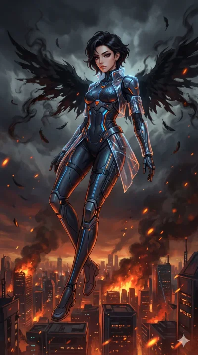 score_9, masterpiece, best quality, ultra-detailed, High-budget Anime Keyframe, beautiful Korean anime girl. Low angle cowboy shot filling the entire 9:16 frame with her statuesque presence. Falling slowly from a dark sky with shredded black wings, l