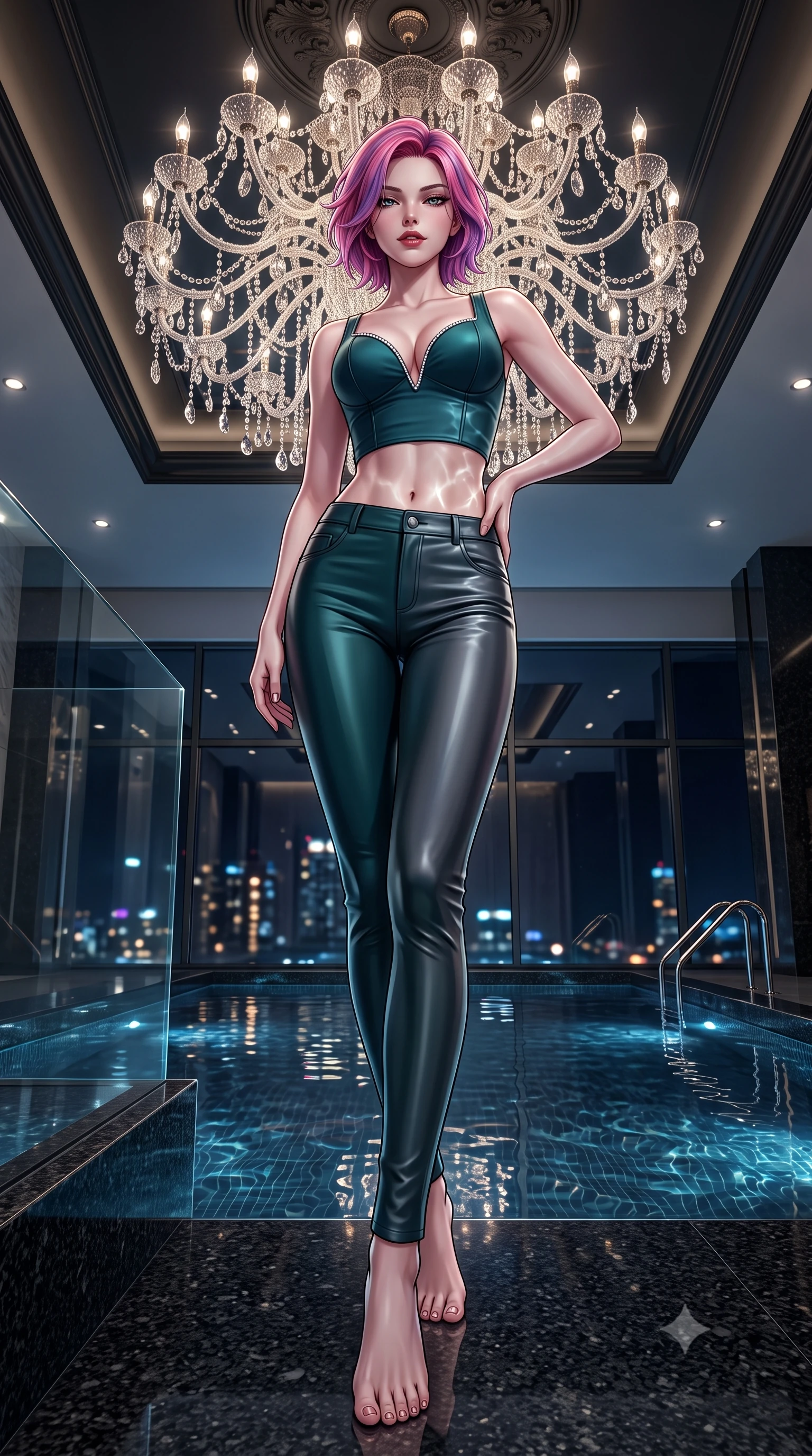 score_9, masterpiece, best quality, ultra-detailed, high-budget anime keyframe, semi-realistic 3D game render, editorial fashion photography, tasteful artistic composition, Caucasian woman. low angle full-body shot from head to toe showing her feet, filling the entire 9:16 vertical frame with her statuesque presence, stretching her vertical silhouette. pausing mid-stride beneath the grand chandelier with one hand resting on her narrow waist, her arched hips and statuesque 8.5-heads presence commanding the 9:16 vertical frame while twisting her slender torso in an alluring S-curve beside the dark water, city lights and water caustics dancing across her narrow waist and hips. The surrounding environment is rendered in vivid detail and crisp panoramic clarity. sharp polished black granite edges, water caustics reflection patterns, and seamless glass balustrade clarity in deep focus. She has an exceptionally tall and slender model-like 8.5-heads proportion, an ultra-slim waist, a flat toned midriff, narrow delicate ribcage, and beautifully sculpted feminine hips creating a graceful, slim hourglass silhouette without any bulky heaviness, with impossibly long slender legs. sharp v-shaped jawline, high-bridge nose, intricate jewel-like dark sparkling eyes with dangerous depth, thick curled eyelashes, glossy parted lips with a rich wine sheen, smoldering seductive half-smile with bedroom-eyes, exuding effortless superiority and intoxicating dark allure, flawlessly proportioned anatomical accuracy, strict slender model proportions, natural body alignment, perfectly sculpted long slender limbs, ultra-slim waistline, clean dynamic posture without body distortion. wearing a cropped structured bodice top paired with ultra-fitted high-waisted leather trousers tracing her hips in deep forest teal and dark gunmetal, made of liquid-tight stretch jersey emphasizing every curve of her body, finished with subtle crystal rhinestones lining the plunging neckline, the form-fitting cut adhering flawlessly to her sculpted flat midriff and slender torso, emphasizing her long leg lines and perfectly proportioned willowy build. illuminated by underwater pool LED accents and crisp platinum rim lighting sharply defining her slim waist, toned midriff, and curvy hips. highly saturated vibrant anime colors, detailed shading with soft gradients, rich glossy textures, high-contrast stereoscopic depth, volumetric dynamic lighting, master piece, 9:16 ratio
