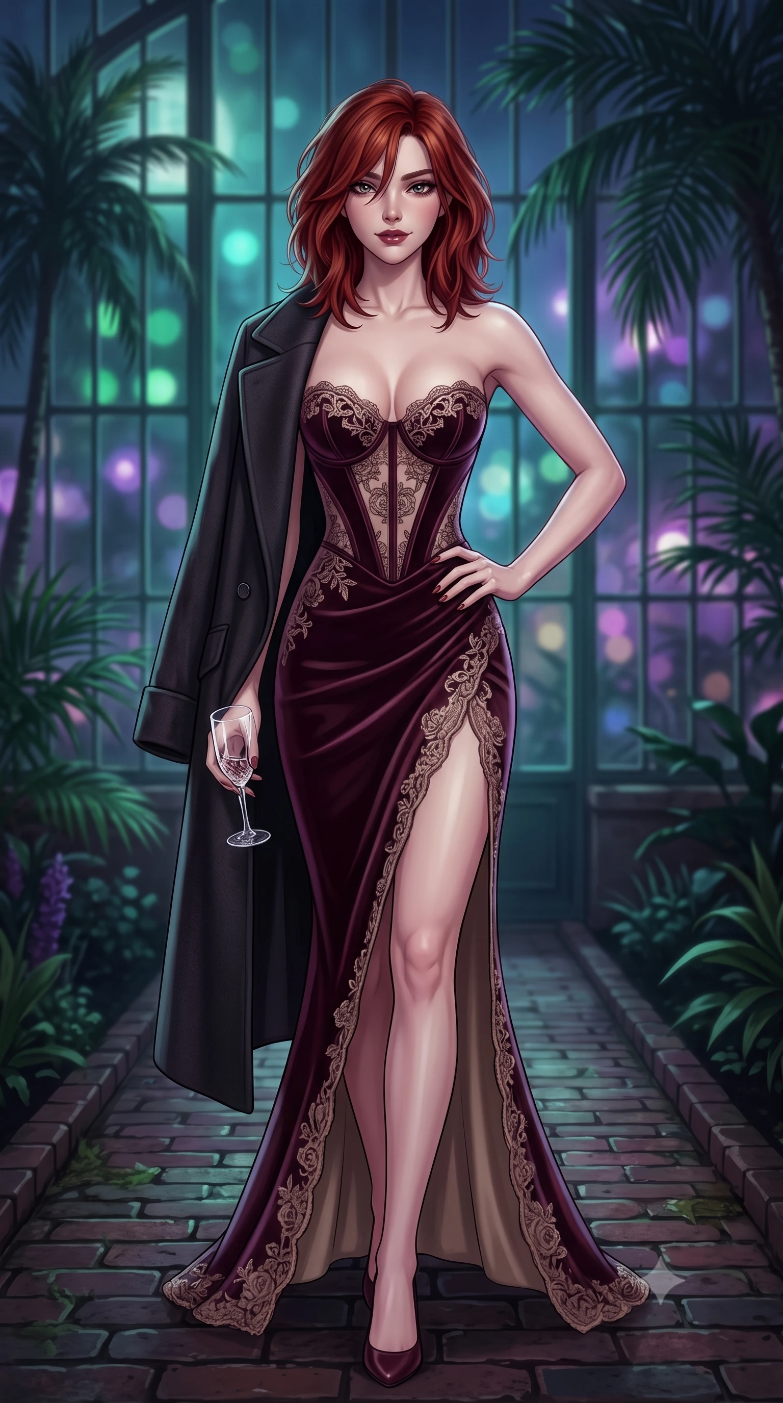 score_9, masterpiece, best quality, ultra-detailed, high-budget anime keyframe, semi-realistic 3D game render, editorial fashion photography, tasteful artistic composition, Korean woman. close-up cowboy shot from the waist and thighs up, the character dominates the composition, filling the frame with her large presence. twisting her slender torso in an alluring contrapposto stance, one hand resting on her sculpted hip while holding a crystal glass with effortless poise while walking slowly down the glasshouse brick path with sovereign supermodel grace, her long slender legs and hourglass curves commanding the frame. The composition keeps background elements in soft focus with dreamy creamy bokeh. soaring Victorian glass conservatory ribs and towering tropical palms backlit by midnight neon blurred into deep jade, violet, and sapphire bokeh. She has an exceptionally elegant, slender, and willowy female figure with an ultra-slim waist, flat toned midriff, narrow ribcage, and sculpted feminine hips creating an alluring, slim hourglass silhouette without bulk. sharp v-shaped jawline, high-bridge nose, intricate jewel-like dark sparkling eyes with dangerous depth, thick curled eyelashes, glossy parted lips with a rich wine sheen, smoldering seductive half-smile with bedroom-eyes, exuding effortless superiority and intoxicating dark allure, flawlessly proportioned anatomical accuracy, strict slender model proportions, natural body alignment, perfectly sculpted long slender limbs, ultra-slim waistline, clean dynamic posture without body distortion. wearing a sculpted strapless velvet corset gown with an hourglass bodycon silhouette and high front leg slit in dark mulberry wine and antique champagne, crafted from sheer delicate Chantilly lace with intricate gothic floral motifs, complemented by an oversized dark cashmere coat draped casually over one shoulder, the form-contouring cut accentuating her sculpted flat midriff, narrow delicate ribcage, and gracefully curvy hips with sovereign high-fashion precision. bathed in moody ultraviolet and deep emerald ambient backlights filtering through soaring glass panes. highly saturated vibrant anime colors, detailed shading with soft gradients, rich glossy textures, high-contrast stereoscopic depth, volumetric dynamic lighting, master piece, 9:16 ratio