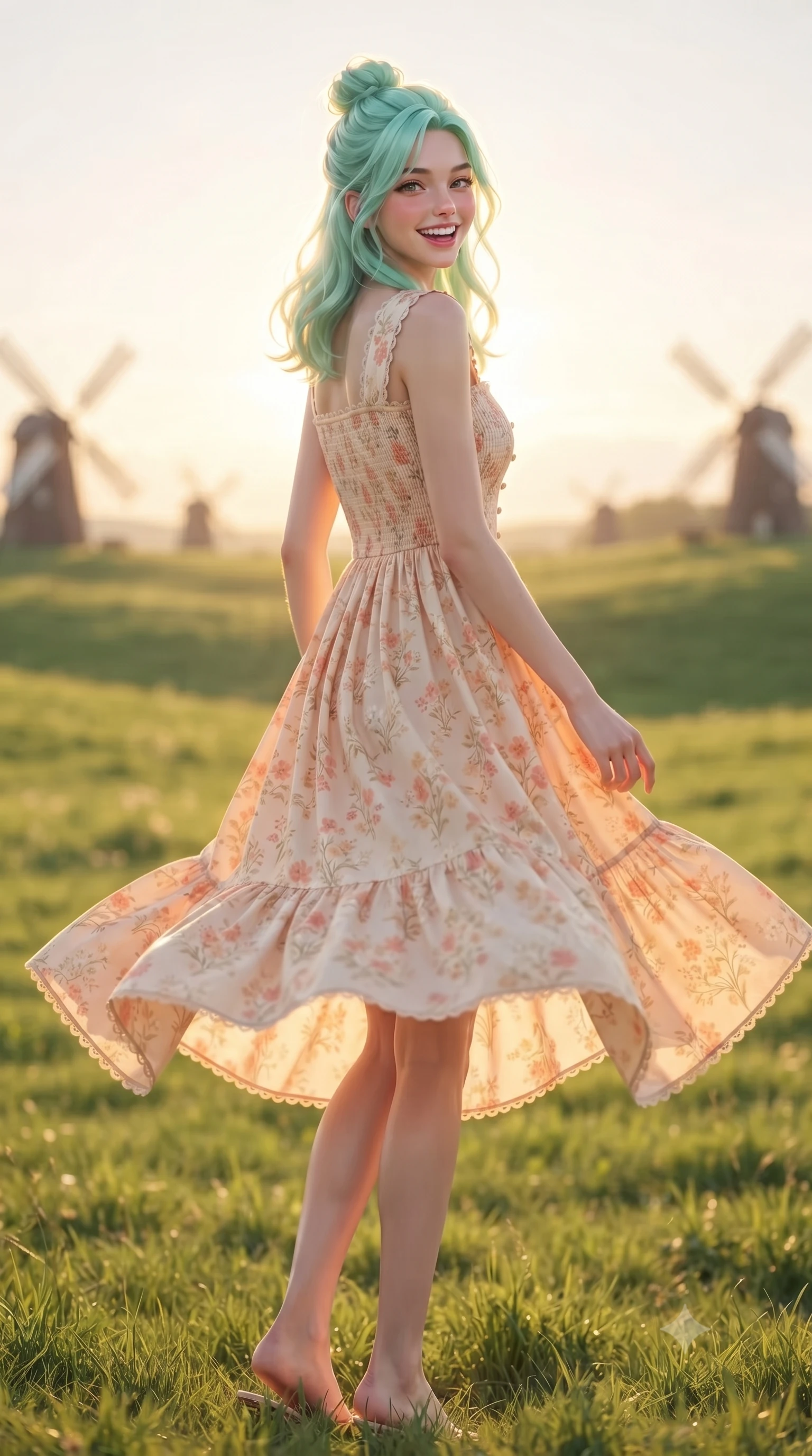 score_9, masterpiece, best quality, ultra-detailed, high-budget anime keyframe, editorial fashion photography, tasteful artistic composition, Japanese woman. low angle full-body shot from head to toe showing her feet, filling the entire 9:16 vertical frame with her statuesque presence, stretching her vertical silhouette. performing a cheerful mid-motion turn with effortless poise, her skirt fluttering softly as she smiles into the camera while turning back with a playful, joyful laugh as the setting sun creates a golden halo around her lovely silhouette. The composition keeps background elements in soft focus with creamy bokeh. rolling green meadows and distant rustic windmills softened in dreamy shallow focus. She has an absolutely perfect, statuesque 8.5-heads proportion, an exceptionally tall and slender model-like female figure with impossibly long slender legs, a toned flat midriff, and an ultra-slim waist. sharp v-shaped jawline, high-bridge nose, intricate jewel-like eyes with depth, thick eyelashes, glossy lips with a natural sheen, pure and lovely fresh girlhood expression, flawlessly proportioned anatomical accuracy, strict slender model proportions, natural body alignment, perfectly sculpted long slender limbs, ultra-slim waistline, clean dynamic posture without body distortion. wearing a sweet square-neck smocked midi dress decorated with delicate wildflower patterns in warm peach blossom pink and champagne ivory, tailored from crisp organic cotton poplin, finished with delicate scallop trims and tiny pearl buttons, the tailored casual silhouette highlighting her fresh and youthful presence and perfectly proportioned slender frame. surrounded by a heartwarming, radiant, and delightfully sunny countryside princess aura. ultra-reflective glossy finish, specular highlights, rich natural textures, high-contrast stereoscopic depth, volumetric dynamic lighting, 2k, ultra detail, master piece, 9:16 ratio
