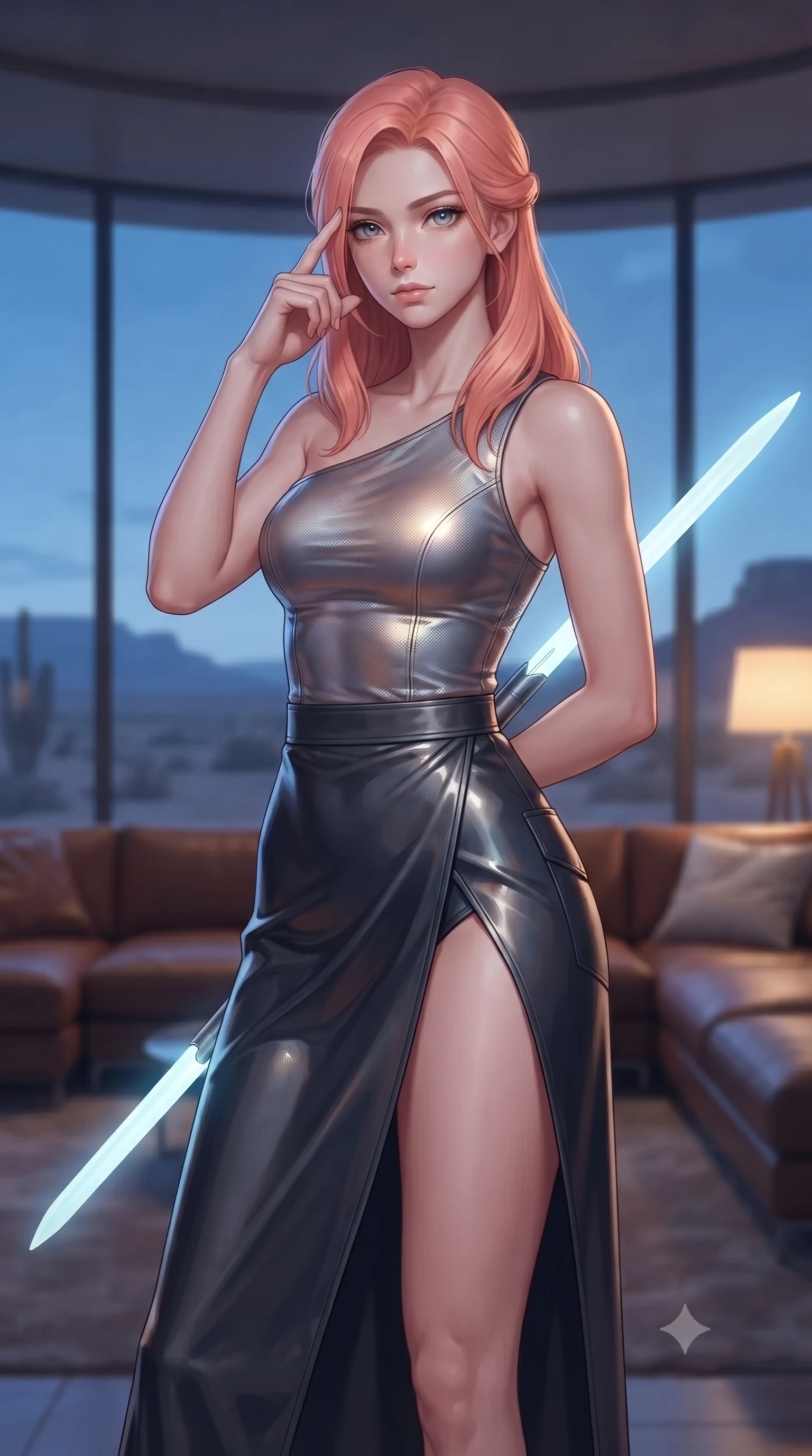 score_9, masterpiece, best quality, ultra-detailed, high-budget anime keyframe, editorial fashion photography, tasteful artistic composition, Japanese woman. close-up cowboy shot from the waist and thighs up, the character dominates the composition, filling the frame with her large presence, background elements kept in soft focus. pressing two fingers to her temple while holding a light-spear diagonally behind her in a composed thoughtful gesture, the background shows a soft-focus a modern desert dome lounge with leather sofas and large panoramic windows. She has an exceptionally elegant, slender, and willowy female figure with an ultra-slim waist, a gracefully sculpted slender torso, and a refined silhouette. sharp v-shaped jawline, high-bridge nose, intricate jewel-like eyes with depth, thick eyelashes, glossy lips with a natural sheen. wearing a tailored asymmetric one-shoulder nanotech bodice paired with a daring high-slit tactical utility wrap skirt. cool blue twilight sky glow contrasting with the warm amber glow of a bedside lamp. ultra-reflective glossy finish, specular highlights, metallic sheen, high-contrast stereoscopic depth, volumetric dynamic lighting, 2k, ultra detail, master piece, 9:16 ratio
