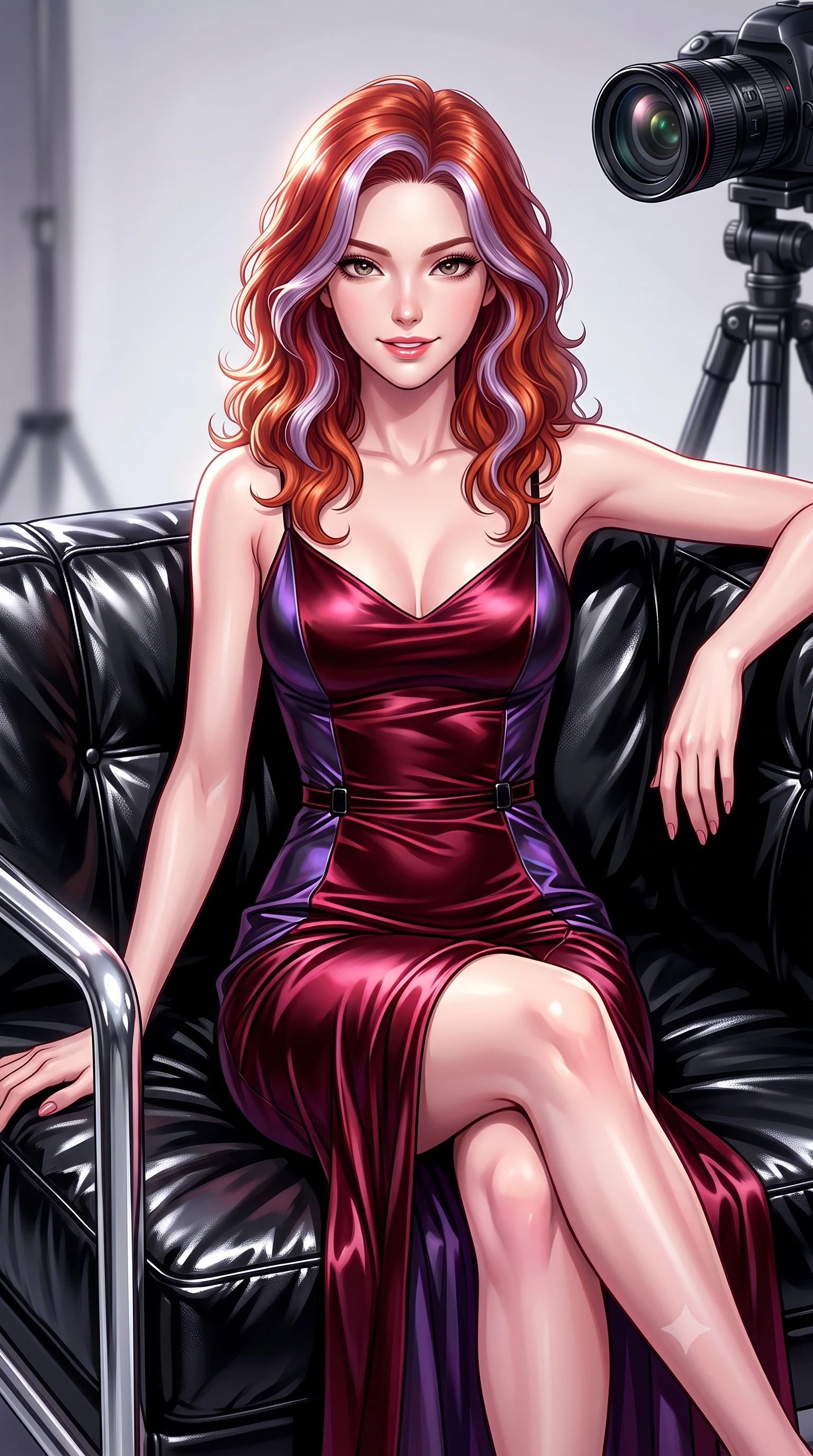 score_9, masterpiece, best quality, ultra-detailed, high-budget anime keyframe, editorial fashion photography, tasteful artistic composition, Caucasian woman. close-up cowboy shot from the waist and thighs up, the character dominates the composition, filling the frame with her large presence, background elements kept in soft focus. Smiling with quiet, magnetic self-assurance directly into the camera, lounging on a high-gloss black vinyl sofa under dramatic studio key lights, high-contrast black leather and chrome textures glinting under key rays. She has an exceptionally elegant, slender, and willowy female figure with an ultra-slim waist, a gracefully sculpted slender torso, and a refined silhouette. sharp v-shaped jawline, high-bridge nose, intricate jewel-like eyes with depth, thick eyelashes, glossy lips with a natural sheen. wearing form-contouring dark crimson liquid silk long slip dress in deep crimson burgundy, made of iridescent dark violet taffeta, adorned with minimalist black onyx hardware framing the silhouette, highlighting her statuesque proportions and ultra-slim waistline. illuminated by high-contrast studio key light creating intense specular highlights on latex. highly saturated vibrant anime colors, detailed shading with soft gradients, rich glossy textures, high-contrast stereoscopic depth, volumetric dynamic lighting, master piece, 9:16 ratio