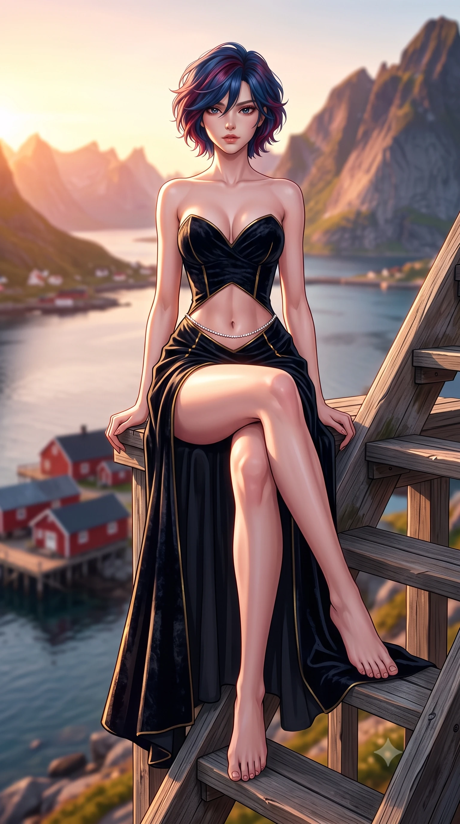 score_9, masterpiece, best quality, ultra-detailed, high-budget anime keyframe, semi-realistic 3D game render, editorial fashion photography, tasteful artistic composition, Korean woman. low angle full-body shot from head to toe showing her feet, filling the entire 9:16 vertical frame with her statuesque presence, stretching her vertical silhouette. sitting perched on the elevated edge with hips angled toward the camera and legs crossed, displaying her toned midriff and flawlessly sculpted slender limbs while perching on the edge of the steep wooden mountain staircase high above the Reine fjord, arching her back as the midnight sun bathes the peaks in gold. The composition keeps background elements in soft focus with creamy bokeh. jagged granite peaks rising from turquoise Arctic fjords and red wooden fishing cabins blurred into golden rose, cyan, and deep slate bokeh. She has an exceptionally tall and slender model-like 8.5-heads proportion, an ultra-slim waist, a flat toned midriff, narrow delicate ribcage, and beautifully sculpted feminine hips creating a graceful, slim hourglass silhouette without any bulky heaviness, with impossibly long slender legs. sharp v-shaped jawline, high-bridge nose, intricate jewel-like eyes with depth, thick eyelashes, glossy parted lips with a natural sheen, intensely captivating and seductive bedroom-eyes expression, flawlessly proportioned anatomical accuracy, strict slender model proportions, natural body alignment, perfectly sculpted long slender limbs, ultra-slim waistline, clean dynamic posture without body distortion. wearing a deep sweetheart neckline crushed velvet corseted ballgown with an exposed midriff cutout in midnight obsidian black and liquid gold, crafted from heavyweight crushed silk velvet with liquid vintage luster, accented with a dainty diamond waist chain catching the ambient light reflections, the liquid-tight tailored fabric clinging flawlessly to her narrow waist and rounded feminine hips, emphasizing every millimeter of her sculpted slim hourglass curves without any bulky heaviness. bathed in magical golden hour midnight sun backlighting casting endless warm rose-gold tones. highly saturated vibrant anime colors, detailed shading with soft gradients, rich glossy textures, high-contrast stereoscopic depth, volumetric dynamic lighting, master piece, 9:16 ratio