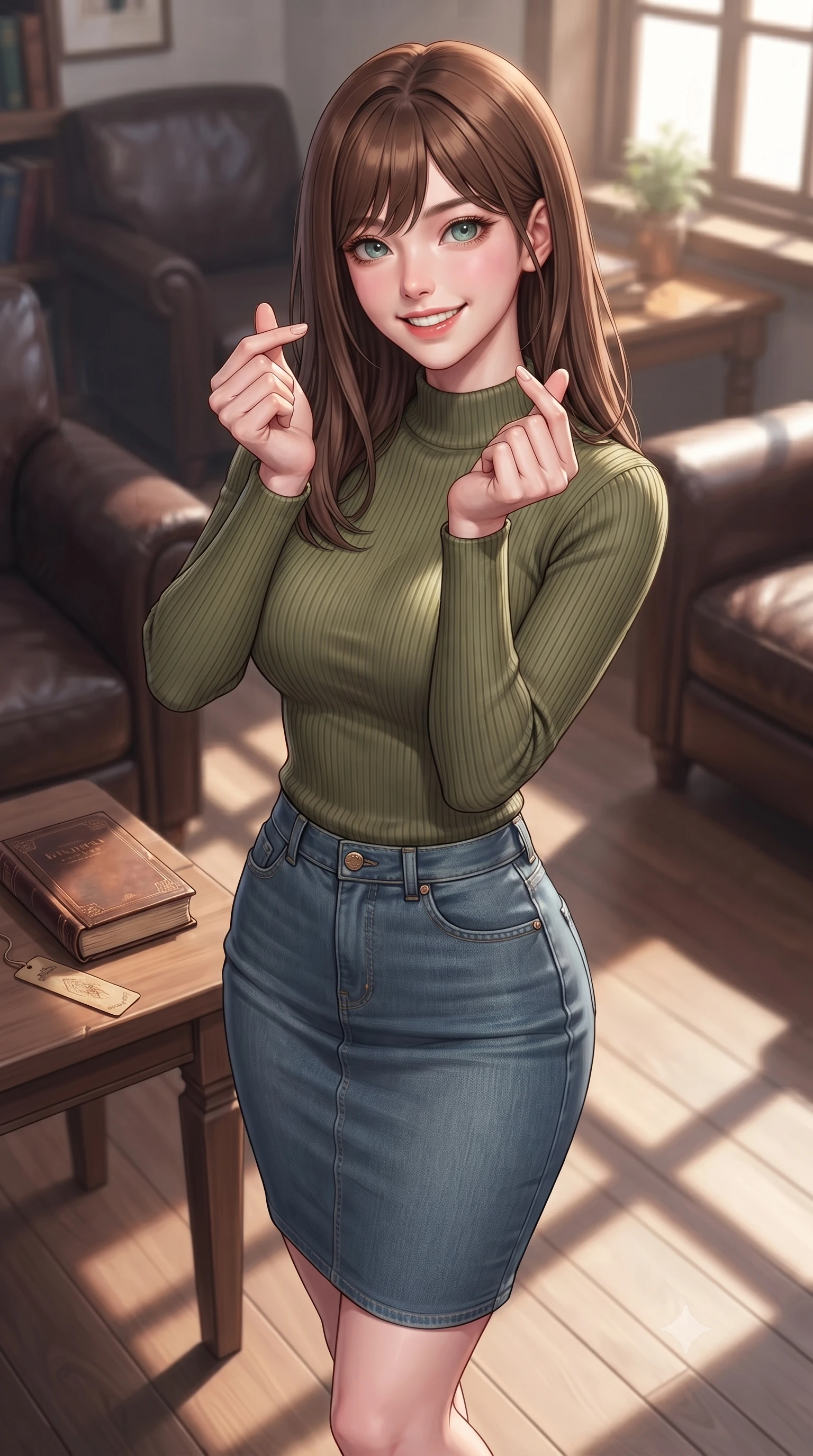 score_9, masterpiece, best quality, ultra-detailed, high-budget anime keyframe, editorial fashion photography, tasteful artistic composition, Korean woman. close-up cowboy shot from the waist and thighs up, the character dominates the composition, filling the frame with her large presence, background elements kept in soft focus. flashing a bright, sunny grin, holding her fingers in a cute small heart shape set against a soft-focus background of in a cozy book cafe corner with leather armchairs and wooden side tables holding a vintage wooden bookmark and smiling softly at the pages. She has an exceptionally elegant, slender, and willowy female figure with an ultra-slim waist, a gracefully sculpted slender torso, and a refined silhouette. sharp v-shaped jawline, high-bridge nose, intricate jewel-like eyes with depth, thick eyelashes, glossy lips with a natural sheen. wearing slim-fit tight-fitting ribbed sweater in olive green paired with a slim denim pencil skirt. soft morning sunbeams casting long shadows of window frames on the floor. highly saturated vibrant anime colors, detailed shading with soft gradients, rich glossy textures, high-contrast stereoscopic depth, volumetric dynamic lighting, master piece, 9:16 ratio