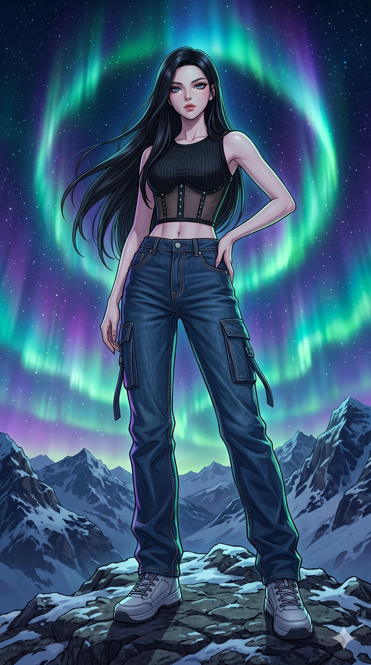 score_9, masterpiece, best quality, ultra-detailed, high-budget anime movie keyframe, cinematic anime lighting, intricate line art, Caucasian (strictly human ears) woman. Low angle cowboy shot capturing a powerful motion and statuesque presence. standing on a mountain peak as the Northern Lights form a halo. She has an absolutely perfect 8-heads proportion, an exceptionally tall and slender female figure with an ultra-slim waist and impossibly long slender legs. strictly human anatomy, two legs only, no extra limbs, clearly defined legs and arms, perfect anatomy, perfect hands and fingers. sharp v-shaped jawline, high-bridge nose, intricate jewel-like eyes, thick eyelashes, glossy lips. Wearing Urban Trendsetter: Ribbed bodycon dress, crop top with high-waist denim, and sheer corset with cargo pants. The scene is illuminated by dramatic atmospheric lighting and vibrant color palettes. , 2k, ultra detail, master piece, 9:16 ratio