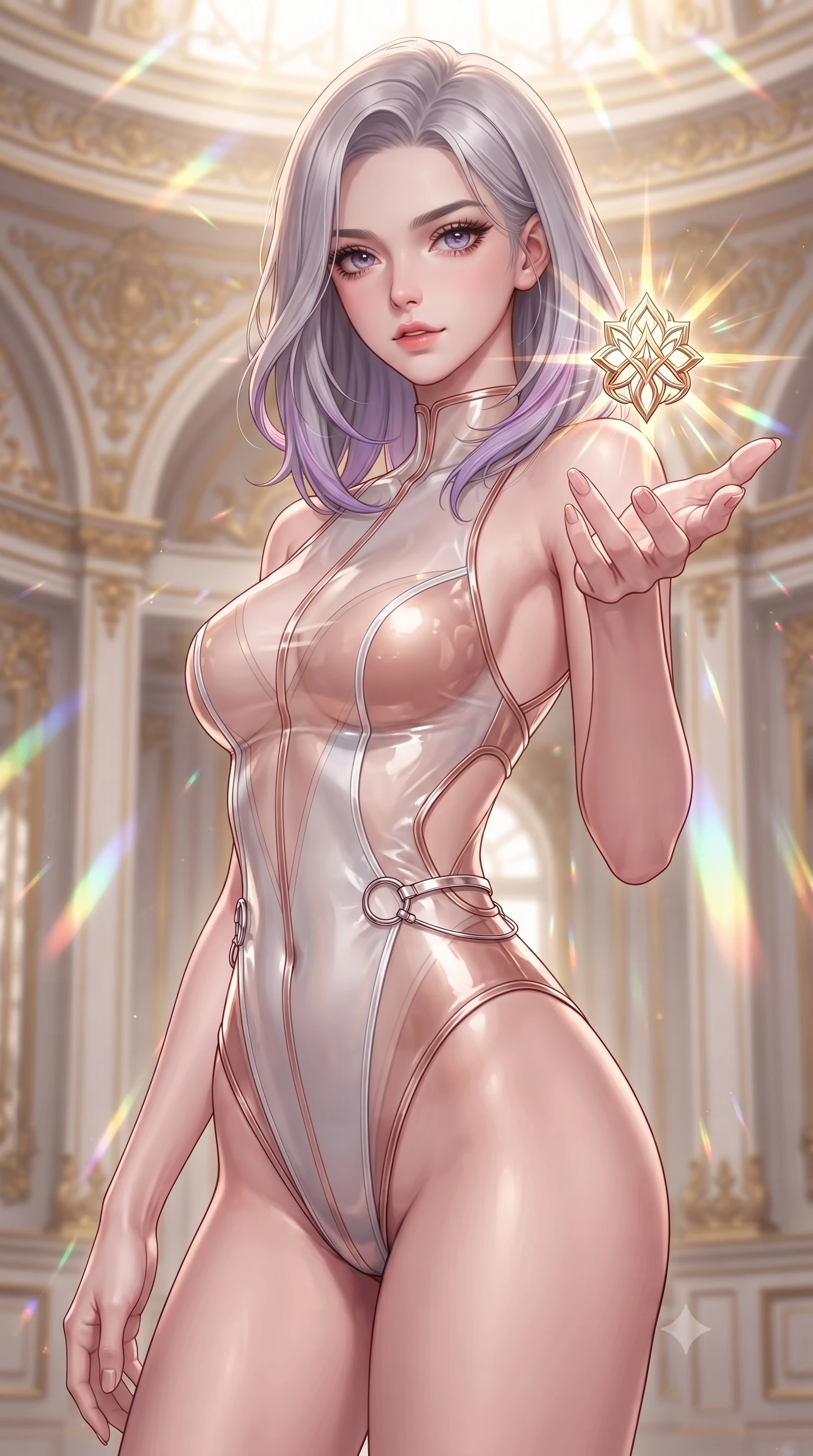 score_9, masterpiece, best quality, ultra-detailed, high-budget anime keyframe, editorial fashion photography, tasteful artistic composition, Caucasian woman. close-up cowboy shot from the waist and thighs up, the character dominates the composition, filling the frame with her large presence, background elements kept in soft focus. Reaching one hand gracefully toward the viewer with effortless superiority and allure touching a floating golden icon surrounded by kaleidoscope light rays, golden filigree details on the architecture shining with brilliant luster. She has an exceptionally elegant, slender, and willowy female figure with an ultra-slim waist, a gracefully sculpted slender torso, and a refined silhouette. sharp v-shaped jawline, high-bridge nose, intricate jewel-like eyes with depth, thick eyelashes, glossy lips with a natural sheen. wearing a high-cut translucent vinyl leotard with front paneling and open back in pearl white and rose gold, tailored from high-gloss patent leather, accented with delicate chrome ring hardware framing her waist, the form-contouring material highlighting her ultra-slim waist and long lines. lit by bright sunbursts creating vivid, saturated color projections. highly saturated vibrant anime colors, detailed shading with soft gradients, rich glossy textures, high-contrast stereoscopic depth, volumetric dynamic lighting, master piece, 9:16 ratio