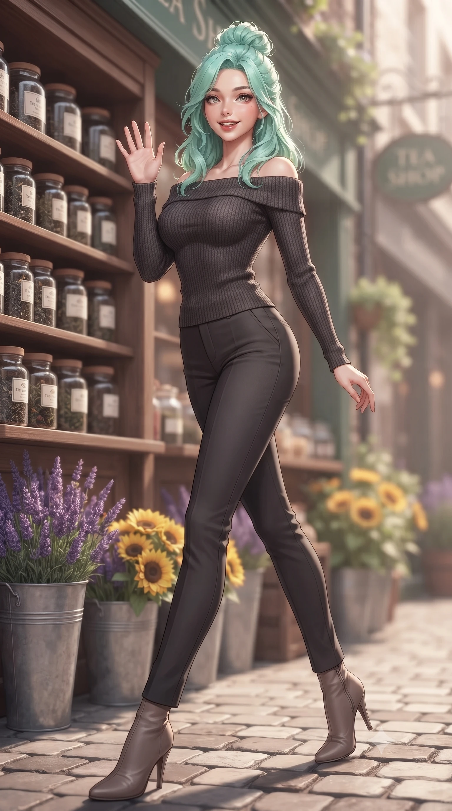 score_9, masterpiece, best quality, ultra-detailed, high-budget anime keyframe, editorial fashion photography, tasteful artistic composition, Japanese woman. low angle full-body shot from head to toe showing her feet, filling the entire 9:16 vertical frame with her statuesque presence, stretching her vertical silhouette. stepping forward with a bright, cheerful smile, waving happily at the viewer set against a soft-focus background of outside a cozy tea shop with jars of tea leaves displayed on wooden shelves with buckets of fresh lavender and yellow sunflowers lining the alley. She has an absolutely perfect, statuesque 8.5-heads proportion, an exceptionally tall and slender model-like female figure with impossibly long slender legs and an ultra-slim waist. sharp v-shaped jawline, high-bridge nose, intricate jewel-like eyes with depth, thick eyelashes, glossy lips with a natural sheen. wearing slim-fit body-hugging off-shoulder knit top in charcoal, paired with tailored slim pants. soft diffused daylight creating a warm, cozy and nostalgic atmosphere. ultra-reflective glossy finish, specular highlights, metallic sheen, high-contrast stereoscopic depth, volumetric dynamic lighting, 2k, ultra detail, master piece, 9:16 ratio