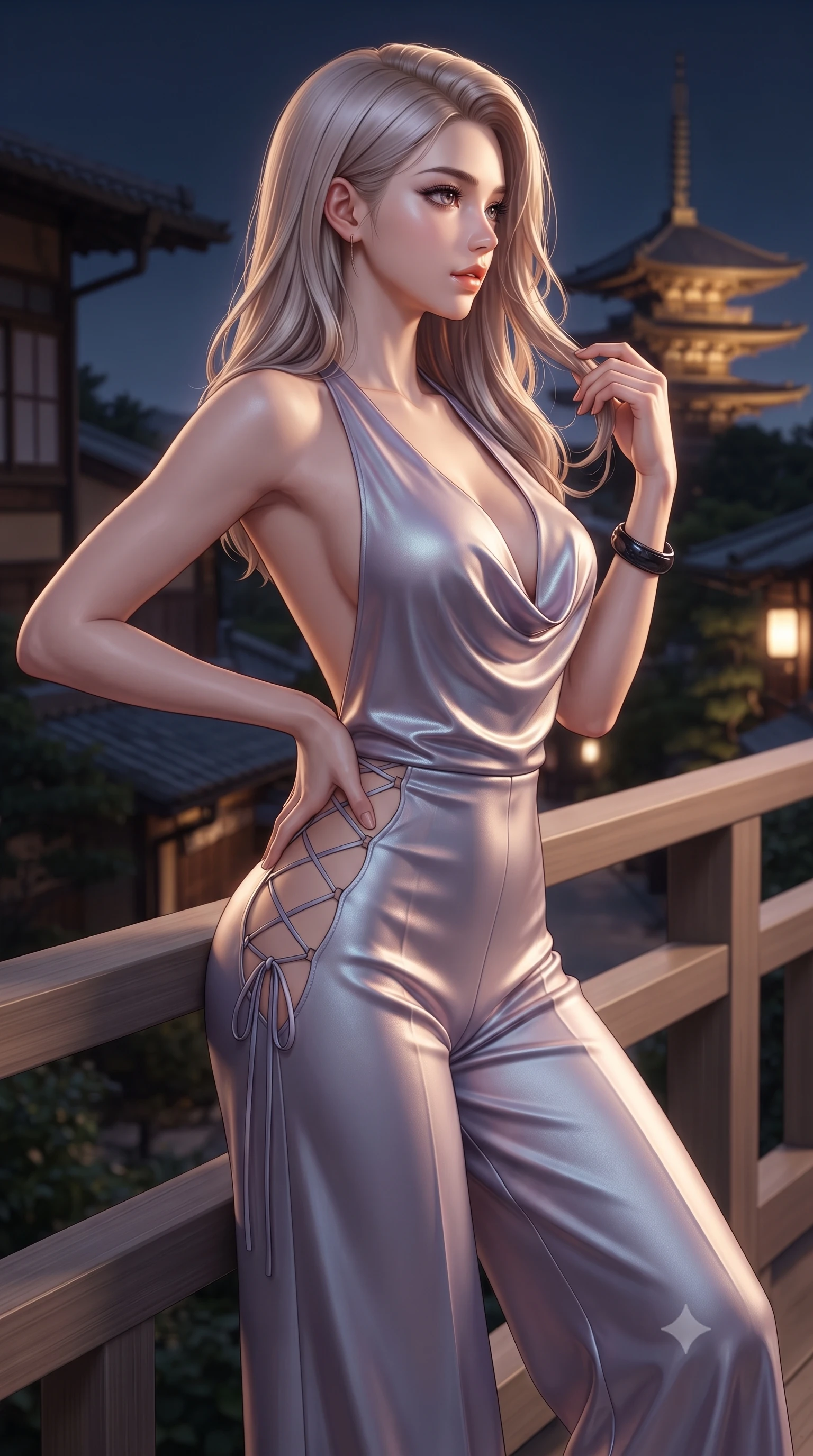 score_9, masterpiece, best quality, ultra-detailed, high-budget anime keyframe, editorial fashion photography, tasteful artistic composition, Korean woman. close-up cowboy shot from the waist and thighs up, the character dominates the composition, filling the frame with her large presence. twisting her slender torso in an alluring contrapposto stance, one hand resting on her sculpted hip while her fingers toy with her hair with effortless poise while leaning against the minimalist timber balustrade with hips cocked back, looking toward the distant illuminated Yasaka Pagoda with smoldering eyes. The surrounding environment is rendered in vivid detail and crisp panoramic clarity: detailed plunging cowl-neck liquid silk gown drape, obsidian wrist bangle gleam, and Japanese hillside villa design in high resolution. She has an exceptionally elegant, slender, and willowy female figure with an ultra-slim waist, flat toned midriff, narrow ribcage, and sculpted feminine hips creating an alluring, slim hourglass silhouette without bulk. sharp v-shaped jawline, high-bridge nose, sparkling eyes with hypnotic seductive depth, thick curled eyelashes, glossy parted lips with a natural dewy peach sheen, alluring bedroom-eyes with an enchanting coquettish smile, exuding magnetic siren charisma and sophisticated glamour, flawlessly proportioned anatomical accuracy, strict slender model proportions, natural body alignment, perfectly sculpted long slender limbs, ultra-slim waistline, clean dynamic posture without body distortion. wearing a backless plunge-front silk satin jumpsuit with fluid wide-leg silhouette and side hip cutouts in dusk lavender and iridescent silver, woven from buttery-soft stretch lambskin leather adhering to her body like a second skin, featuring fine criss-cross lace-up side ties revealing tantalizing glimpses of her hip curve, the liquid-tight tailored fabric clinging flawlessly to her narrow waist and rounded feminine hips, emphasizing every millimeter of her sculpted slim hourglass curves without any bulky heaviness. illuminated by polished cedar reflection bounce and sharp platinum-gold rim lights sculpting her razor-sharp jawline, narrow waist, and curvy hips. ultra-reflective glossy finish, specular highlights, rich textural contrasts, high-contrast stereoscopic depth, volumetric dynamic lighting, 2k, ultra detail, master piece, 9:16 ratio