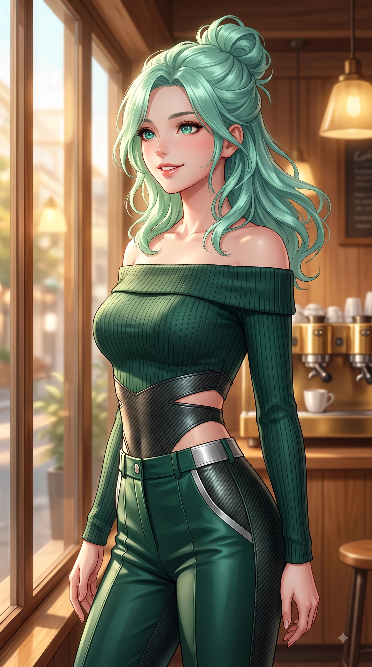 score_9, masterpiece, best quality, ultra-detailed, high-budget anime keyframe, editorial fashion photography, tasteful artistic composition, Japanese woman. close-up cowboy shot from the waist and thighs up, the character dominates the composition, filling the frame with her large presence, background elements kept in soft focus. Youthful bright smile exuding pure cute charm and fresh energy, her torso turning dynamically into the lens while looking out a large glass window with a tender cute smile as golden afternoon light streams in, warm oak wood interior and brass coffee machines reflecting soft golden ambient lamps. She has an exceptionally elegant, slender, and willowy female figure with an ultra-slim waist, a gracefully sculpted slender torso, and a refined silhouette. sharp v-shaped jawline, high-bridge nose, intricate jewel-like eyes with depth, thick eyelashes, glossy lips with a natural sheen, flawlessly proportioned anatomical accuracy, natural body alignment, perfectly sculpted elegant limbs, clean dynamic posture without body distortion. wearing a sleek off-shoulder ribbed knit top paired with high-waist tailored pants in deep emerald green and silver accent, made of fine carbon-fiber weave and soft matte leather, featuring subtle geometric cutouts that highlight her ultra-slim midriff, the sleek second-skin texture accentuating her magnetic presence. surrounded by a cozy, intimate, and relaxing cafe atmosphere. highly saturated vibrant anime colors, detailed shading with soft gradients, rich glossy textures, high-contrast stereoscopic depth, volumetric dynamic lighting, master piece, 9:16 ratio