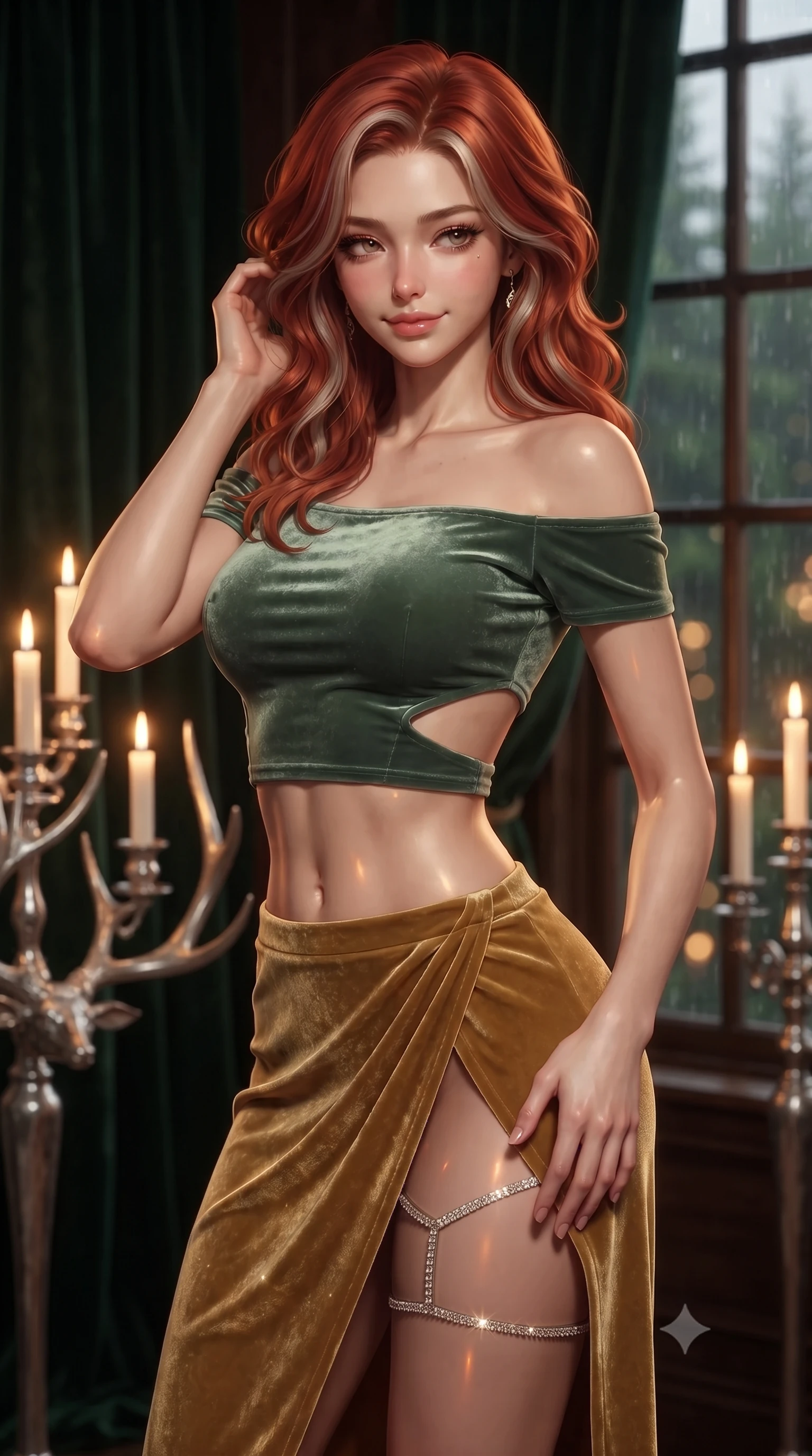 score_9, masterpiece, best quality, ultra-detailed, high-budget anime keyframe, editorial fashion photography, tasteful artistic composition, Caucasian woman. close-up cowboy shot from the waist and thighs up, the character dominates the composition, filling the frame with her large presence. gently brushing a lock of hair behind her ear while casting a playful, flirtatious side-gaze with long eyelashes while twisting her slender torso in an alluring contrapposto stance, warm firelight reflections dancing across her narrow waist and curvy hips. The background shows a soft-focus silver-branched stag antler candelabras, heavy emerald velvet portieres, and rain-washed Caledonian pine forests through mullioned windows blurred into emerald, ruby, and champagne bokeh. She has an exceptionally elegant, slender, and willowy female figure with an ultra-slim waist, flat toned midriff, narrow ribcage, and sculpted feminine hips creating an alluring, slim hourglass silhouette without bulk. sharp v-shaped jawline, high-bridge nose, intricate jewel-like sparkling eyes with depth, thick eyelashes, glossy parted lips with a natural peach sheen, bright cheerful beaming smile with an enchanting and coquettish sensual glint, exuding both youthful cute charm and seductive allure, flawlessly proportioned anatomical accuracy, strict slender model proportions, natural body alignment, perfectly sculpted long slender limbs, ultra-slim waistline, clean dynamic posture without body distortion. wearing an alluring off-the-shoulder crop top with asymmetrical side-torso cutouts and a high-slit wrap skirt in Tulum jungle agave sage and copal resin gold, tailored from ultra-plush silk velvet with rich tactile depth and deep shadow gradients, finished with delicate crystal-encrusted thigh garter straps glinting in the dim light, the high-slit wrap tailoring accentuating her ultra-slim waistline and the enchanting curve of her feminine hips with alluring seductive charm. bathed in the warm golden 2500K glow of crystal lamps and crackling birch logs in the hearth. ultra-reflective glossy finish, specular highlights, rich textural contrasts, high-contrast stereoscopic depth, volumetric dynamic lighting, 2k, ultra detail, master piece, 9:16 ratio