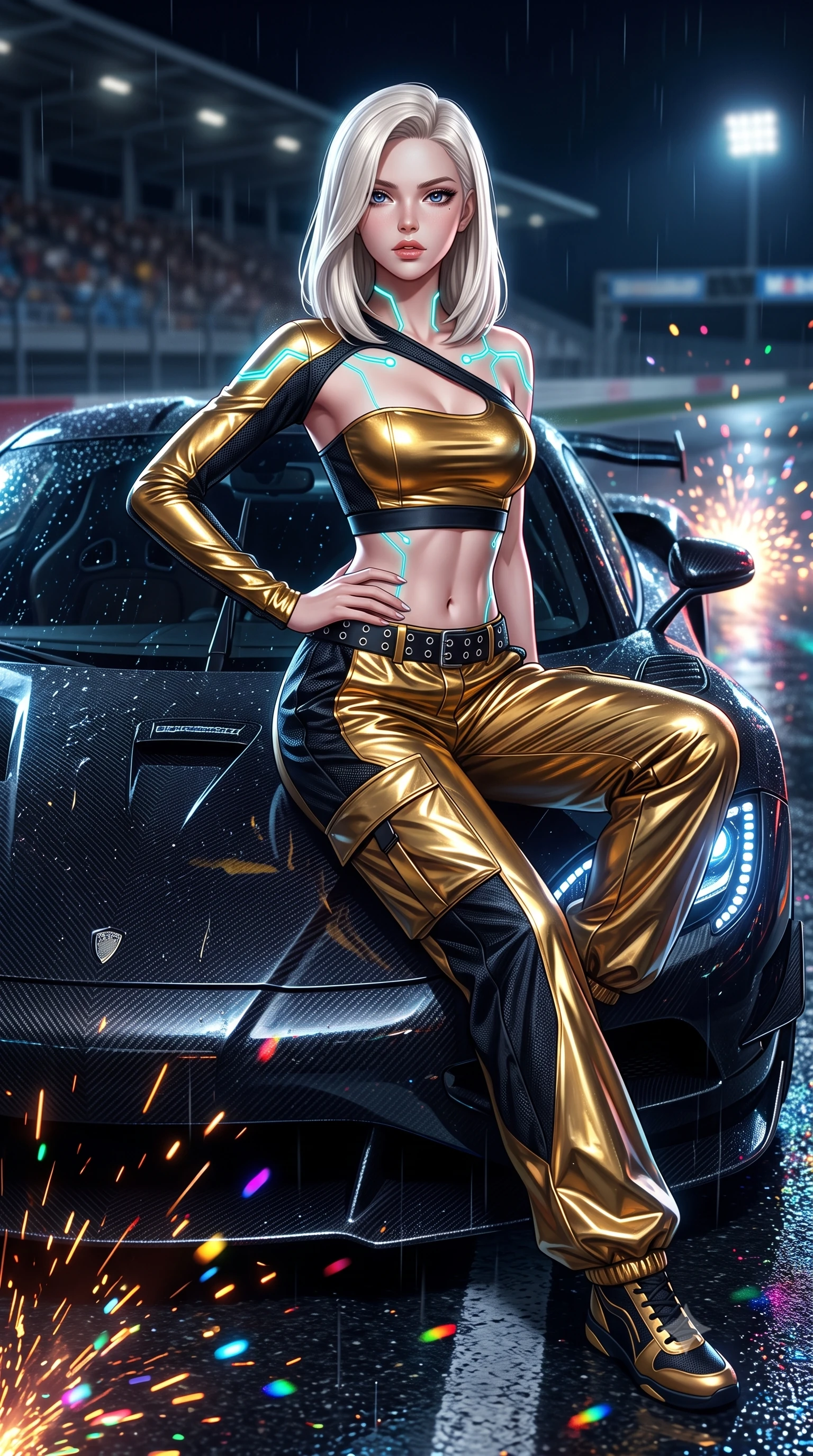 score_9, masterpiece, best quality, ultra-detailed, high-budget anime keyframe, semi-realistic 3D game render, editorial fashion photography, tasteful artistic composition, Caucasian woman. close-up cowboy shot from the waist and thighs up, the character dominates the composition, filling the frame with her large presence. arching her spine in an alluring serpentine S-curve, one hand resting on her waist with parted glossy lips and an intensely magnetic gaze while sitting poised on the glossy carbon-fiber hood of a midnight hypercar, one leg extended and torso angled back with seductive confidence. The composition keeps background elements in soft focus with creamy bokeh. rain-slicked asphalt reflections and turbo exhaust sparks scattering vivid chromatic light motes. She has an exceptionally elegant, slender, and willowy female figure with an ultra-slim waist, a gracefully sculpted slender torso, toned flat midriff, and a refined slim silhouette. sharp v-shaped jawline, high-bridge nose, intricate jewel-like eyes with depth, thick eyelashes, glossy parted lips with a natural sheen, intensely captivating and seductive expression, flawlessly proportioned anatomical accuracy, strict slender model proportions, natural body alignment, perfectly sculpted long slender limbs, ultra-slim waistline, clean dynamic posture without body distortion. wearing an asymmetric single-sleeve moto crop top paired with baggy metallic parachute trousers and grommet belt in metallic liquid gold and obsidian black, made of breathable technical athletic mesh and liquid-finish track nylon, finished with glowing cyan circuit lines tracing her collarbones and shoulders, the precision-cut daring openings accentuating her delicate midriff, graceful bare collarbones, and ultra-slim feminine waistline. surrounded by a fierce, electrifying, and irresistibly intoxicating motorsport queen aura. highly saturated vibrant anime colors, detailed shading with soft gradients, rich glossy textures, high-contrast stereoscopic depth, volumetric dynamic lighting, master piece, 9:16 ratio