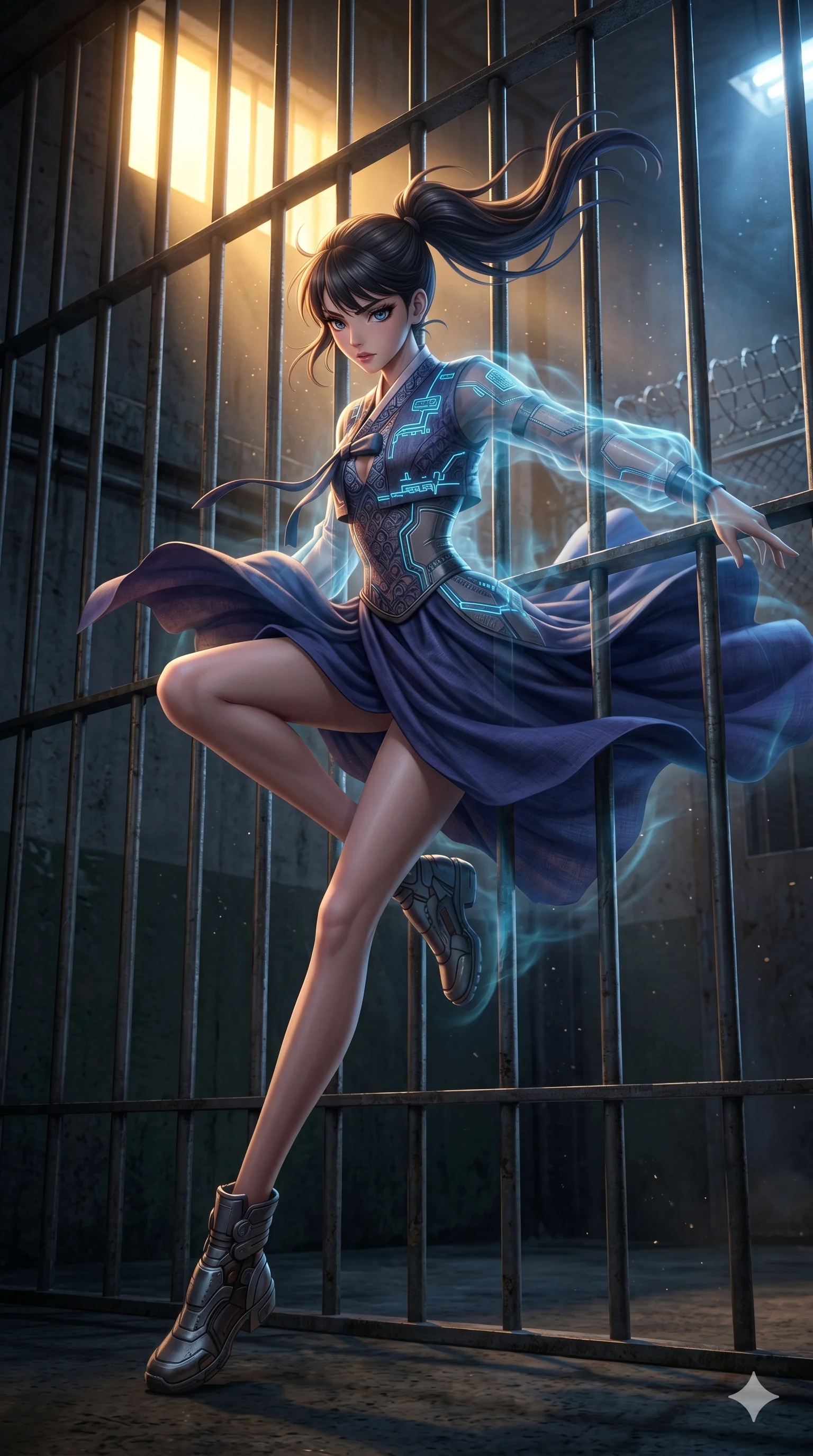 score_9, masterpiece, best quality, ultra-detailed, photorealistic 8k CG, hyper-detailed textures, ray-tracing, Japanese woman. Low angle cowboy shot capturing a powerful motion and statuesque presence. escaping a high-security prison by phasing through the bars. She has an absolutely perfect 8-heads proportion, an exceptionally tall and slender female figure with graceful and slender proportions. strictly human anatomy, two legs only, no extra limbs, clearly defined legs and arms, perfect anatomy, perfect hands and fingers. sharp v-shaped jawline, high-bridge nose, intricate jewel-like eyes, thick eyelashes, glossy lips. Wearing Seasonal/Resort: Elegant one-piece with sarong, linen sundress with tie-back, and light fabric wrap. The scene is illuminated by dramatic atmospheric lighting and vibrant color palettes. , 2k, ultra detail, master piece, 9:16 ratio