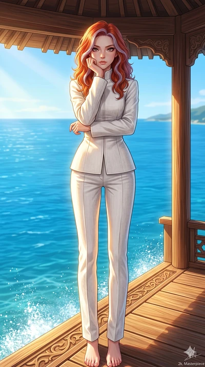 score_9, masterpiece, best quality, ultra-detailed, high-budget anime keyframe, editorial fashion photography, tasteful artistic composition, Caucasian woman, strictly human ears. low angle full-body shot from head to toe showing her feet, filling th