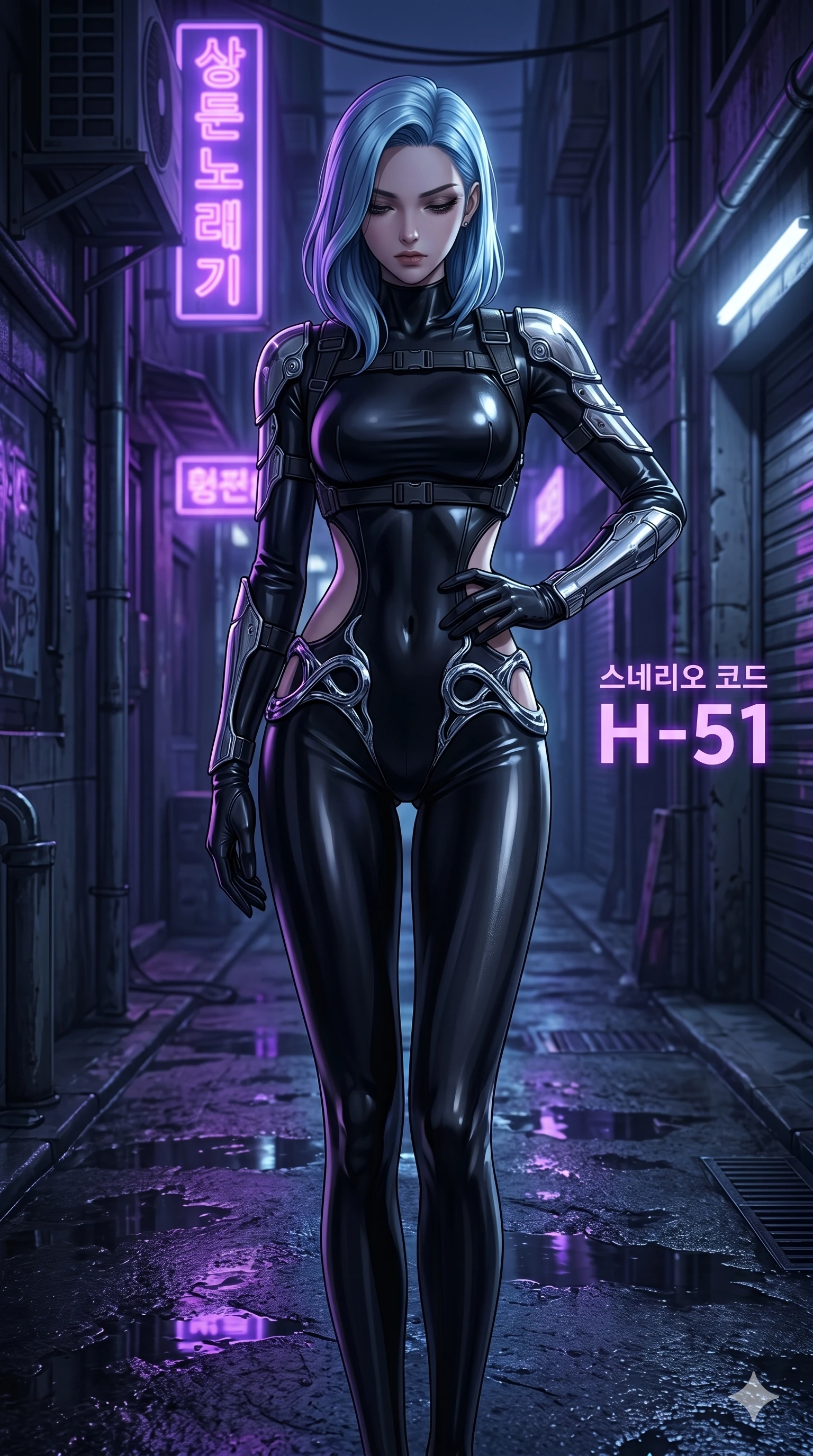 score_9, masterpiece, best quality, ultra-detailed, high-budget anime keyframe, editorial fashion photography, tasteful artistic composition, Korean woman. cowboy shot from the thighs up, character and outfit filling the frame for maximum editorial presence. looking down with lowered lashes, her expression dark and filled with silent contempt, one hand tracing her waist in a dimly-lit cyberpunk alleyway under flickering violet neon signage (Scenario Code H-51). She has an absolutely perfect 8-heads proportion, an exceptionally tall and slender female figure with impossibly long slender legs and an ultra-slim waist. V-shaped jawline, high-bridge nose, intricate jewel-like eyes with depth, thick eyelashes, glossy lips with a natural sheen. wearing a skin-tight glove-like black latex bodysuit with dramatic waist cutouts framed by sculptural chrome rings. bathed in a cold silver moonlight creating deep, dramatic shadows on her figure. 2k, ultra detail, master piece, 9:16 ratio