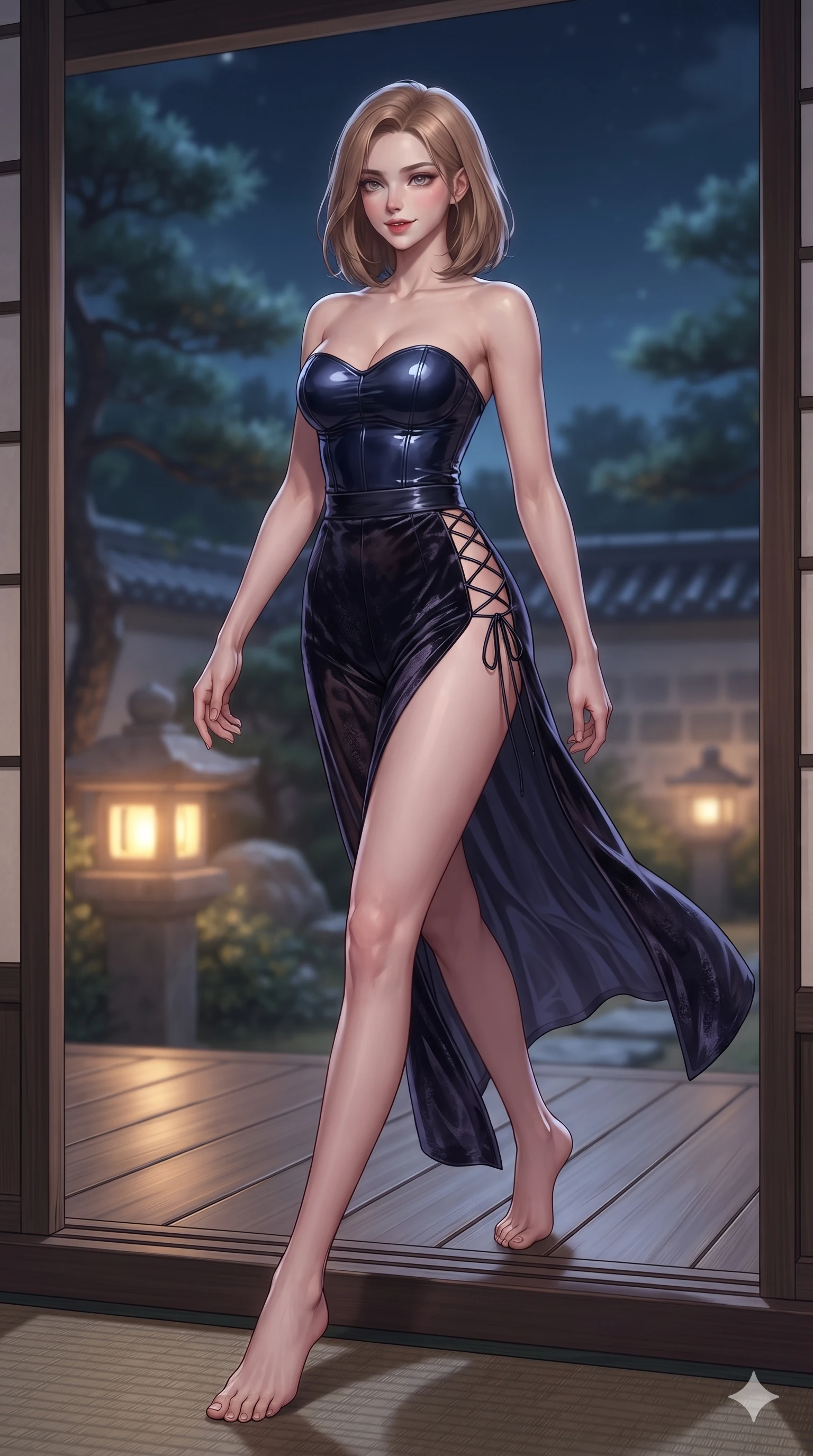 score_9, masterpiece, best quality, ultra-detailed, high-budget anime keyframe, editorial fashion photography, tasteful artistic composition, Korean woman. low angle full-body shot from head to toe showing her feet, filling the entire 9:16 vertical frame with her statuesque presence, stretching her vertical silhouette. striding across the moonlit timber deck as nocturnal breezes whip her garments open, accentuating her long slender legs and curvy hips while stepping gracefully over the raised wooden threshold, her long slender legs and curvy hourglass hips commanding the frame. The background shows a soft-focus framed view of moonlit pine gardens, glowing stone lanterns, and distant tiled walls blurred into jade, honey, and charcoal bokeh. She has an absolutely perfect, statuesque 8.5-heads proportion, an exceptionally tall and slender model-like female figure with impossibly long slender legs, an ultra-slim waist, a flat toned midriff, narrow delicate ribcage, and beautifully sculpted feminine hips creating a graceful, slim hourglass silhouette without any bulky heaviness. sharp v-shaped jawline, high-bridge nose, sparkling eyes with hypnotic seductive depth, thick curled eyelashes, glossy parted lips with a natural dewy peach sheen, alluring bedroom-eyes with an enchanting coquettish smile, exuding magnetic siren charisma and sophisticated glamour, flawlessly proportioned anatomical accuracy, strict slender model proportions, natural body alignment, perfectly sculpted long slender limbs, ultra-slim waistline, clean dynamic posture without body distortion. wearing a strapless wet-look vinyl bustier paired with sheer chiffon high-slit wrap trousers revealing her long slender legs in midnight indigo and glowing lantern topaz, tailored from crushed dark velvet with deep light-absorbing plush texture, featuring fine criss-cross lace-up side ties revealing tantalizing glimpses of her hip curve, the liquid-tight tailored fabric clinging flawlessly to her narrow waist and rounded feminine hips, emphasizing every millimeter of her sculpted slim hourglass curves without any bulky heaviness. illuminated by timber floor bounce and sharp rose-gold rim lights defining her razor-sharp jawline, narrow waist, and curvy hips. ultra-reflective glossy finish, specular highlights, rich textural contrasts, high-contrast stereoscopic depth, volumetric dynamic lighting, 2k, ultra detail, master piece, 9:16 ratio