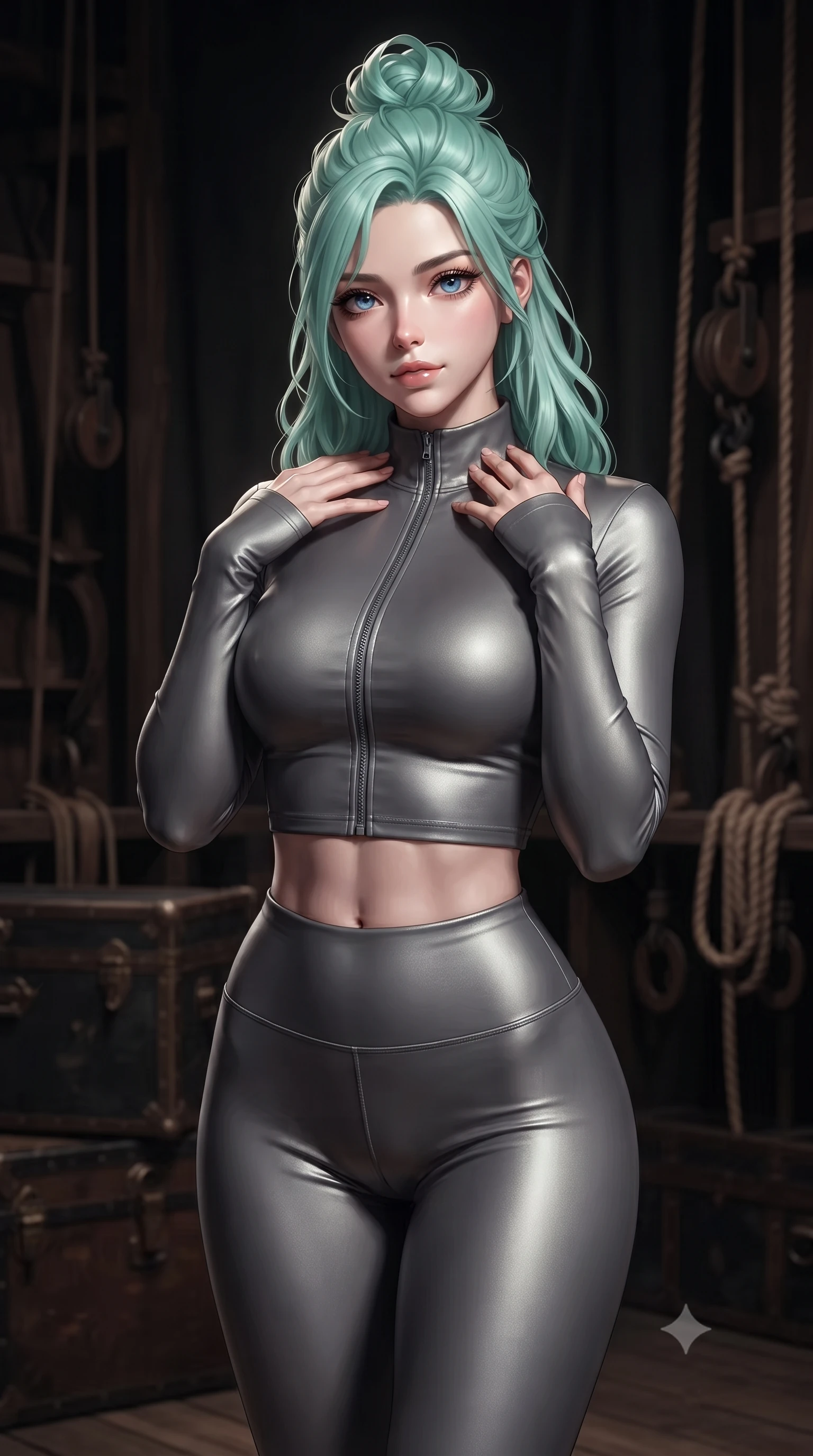 score_9, masterpiece, best quality, ultra-detailed, high-budget anime keyframe, editorial fashion photography, tasteful artistic composition, Japanese woman. close-up cowboy shot from the waist and thighs up, the character dominates the composition, filling the frame with her large presence, background elements kept in soft focus. standing in a relaxed, elegant posture with both hands resting lightly on her collarbone, looking at the viewer with bedroom-eyes, the background shows a soft-focus a vintage stage wing with wooden trunks, pulleys, and ropes in the dark. She has an exceptionally elegant, slender, and willowy female figure with an ultra-slim waist, a gracefully sculpted slender torso, and a refined silhouette. sharp v-shaped jawline, high-bridge nose, intricate jewel-like eyes with depth, thick eyelashes, glossy lips with a natural sheen. wearing a body-hugging body-hugging high-neck activewear set of a zipped long-sleeve crop top and matching leggings in carbon-grey. dramatic chiaroscuro lighting focusing on her athletic, slender build. ultra-reflective glossy finish, specular highlights, metallic sheen, high-contrast stereoscopic depth, volumetric dynamic lighting, 2k, ultra detail, master piece, 9:16 ratio