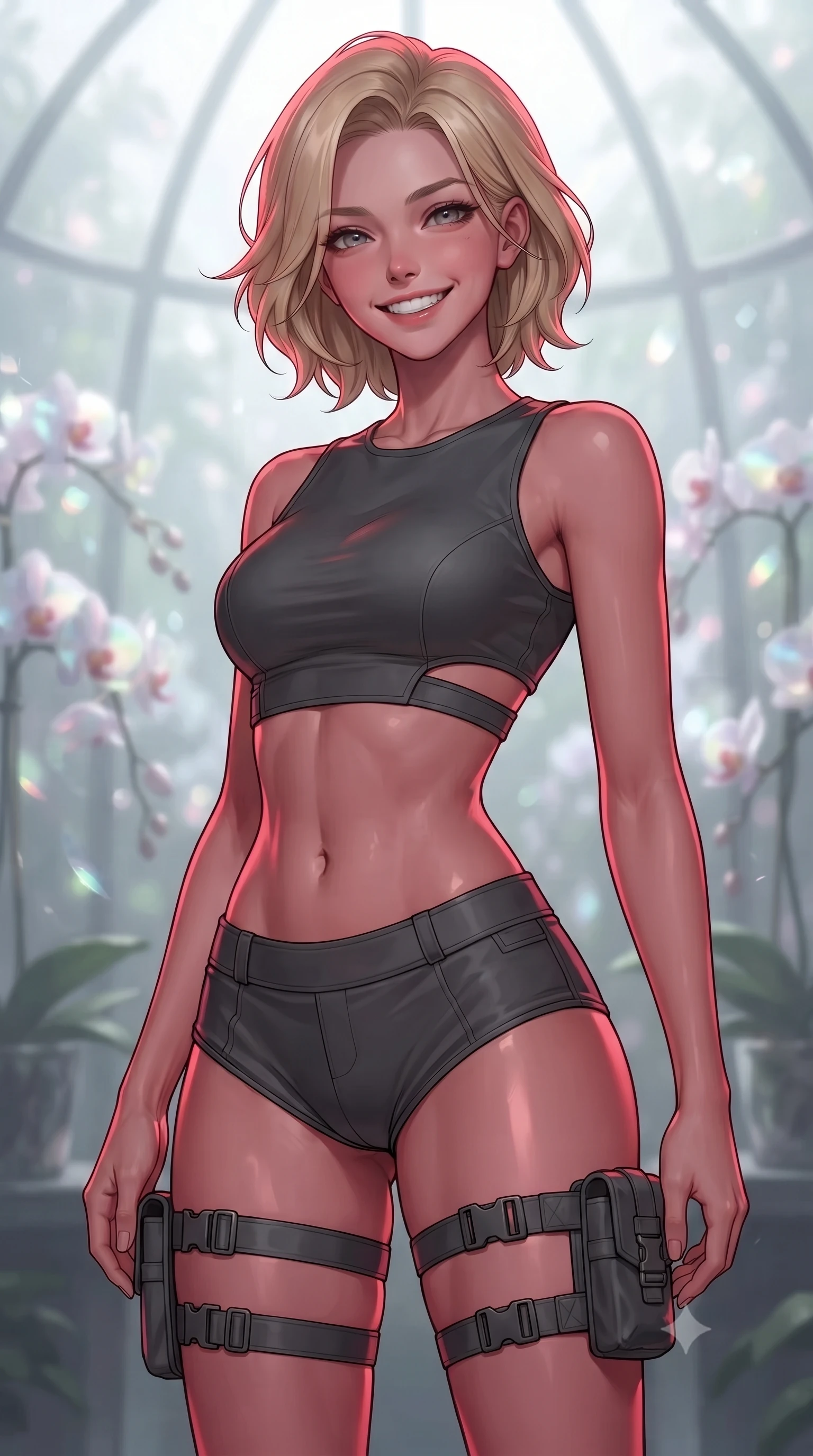 score_9, masterpiece, best quality, ultra-detailed, high-budget anime keyframe, editorial fashion photography, tasteful artistic composition, gorgeous anime illustration, with clean line-art, distinct ink outlines, and high-contrast stereoscopic depth, Caucasian woman, strictly human ears. close-up cowboy shot from the waist and thighs up, the character dominates the composition, filling the frame with her large presence, background elements kept in soft focus. Beaming with a wide, friendly smile that lights up her entire face. set against a soft-focus background of inside a misty cloud forest greenhouse dome where the orchids are made of hand-blown iridescent glass, chiming gently in the soft breeze. She has an exceptionally elegant, slender, and willowy female figure with a highly-defined ultra-slim waist, a gracefully sculpted slender torso, and a refined slim-fit silhouette that contours her form. sharp v-shaped jawline, high-bridge nose, intricate jewel-like eyes with depth, thick eyelashes, glossy lips with a natural sheen. wearing a cyber-tactical crop top in dark grey with a subtle waist cutout, paired with matching high-cut shorts and thigh straps. deep crimson theatrical lighting with sharp specular highlights on every curve. 2k, ultra detail, master piece, 9:16 ratio, highly saturated vibrant anime colors, detailed cel-shading with soft gradients, rich glossy textures, deep contrast, volumetric dynamic lighting, 2d animation style