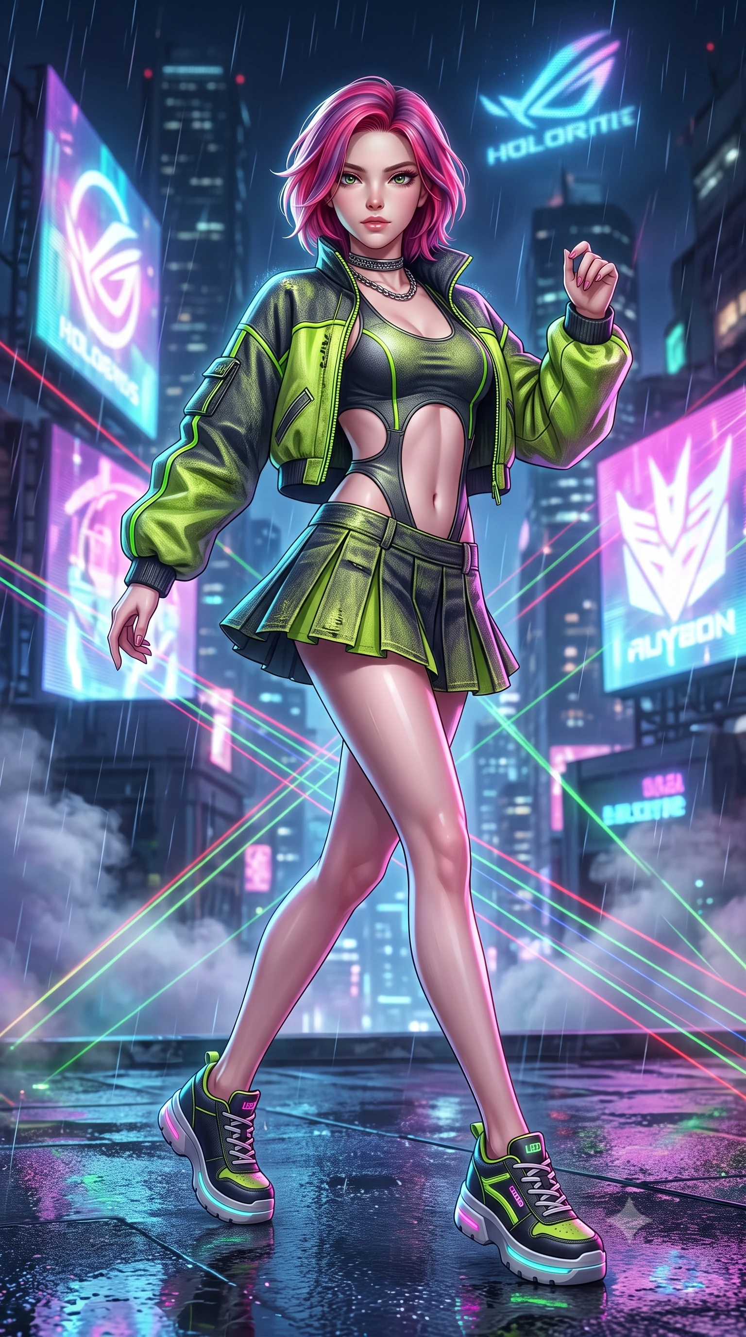 score_9, masterpiece, best quality, ultra-detailed, high-budget anime keyframe, semi-realistic 3D game render, editorial fashion photography, tasteful artistic composition, Caucasian woman. low angle full-body shot from head to toe showing her feet, filling the entire 9:16 vertical frame with her statuesque presence, stretching her vertical silhouette. stepping forward gracefully in mid-motion, displaying her toned flat midriff and flawlessly sculpted slender limbs while pivoting with energetic street-dance momentum as giant holographic animated logos flash across the night sky behind her. The composition keeps background elements in soft focus with creamy bokeh. drifting smoke machine haze and falling raindrops catching laser beam motes across the rooftop. She has an absolutely perfect, statuesque 8.5-heads proportion, an exceptionally tall and slender model-like female figure with impossibly long slender legs, a toned flat midriff, and an ultra-slim waist. sharp v-shaped jawline, high-bridge nose, intricate jewel-like eyes with depth, thick eyelashes, glossy lips with a natural sheen, captivating and magnetic expression, flawlessly proportioned anatomical accuracy, strict slender model proportions, natural body alignment, perfectly sculpted long slender limbs, ultra-slim waistline, clean dynamic posture without body distortion. wearing a cutout cyberpunk bodysuit paired with an oversized neon-piped bomber jacket and pleated micro-skirt in acid lime green and dark carbon grey, tailored from distressed structured cotton denim with metallic thread, accessorized with bold platform sneakers and silver chain choker, the form-contouring material adhering flawlessly to her sculpted flat midriff and slender torso, emphasizing her long leg lines and perfectly proportioned willowy build. bathed in flashing RGB strobe lights and glowing holographic billboard backlighting. highly saturated vibrant anime colors, detailed shading with soft gradients, rich glossy textures, high-contrast stereoscopic depth, volumetric dynamic lighting, master piece, 9:16 ratio