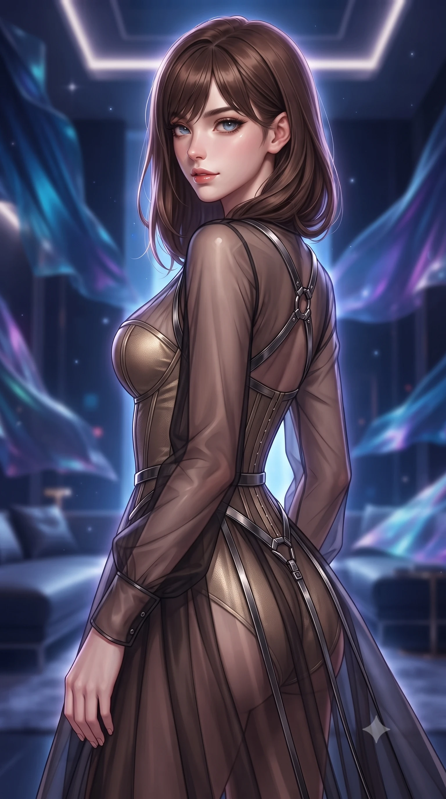 score_9, masterpiece, best quality, ultra-detailed, high-budget anime keyframe, editorial fashion photography, tasteful artistic composition, Korean woman. close-up cowboy shot from the waist and thighs up, the character dominates the composition, filling the frame with her large presence, background elements kept in soft focus. Glancing sidelong over her shoulder with a smoldering, enigmatic half-smile, standing in a high-tech apartment filled with floating holographic silk tapestries, ultra-modern futuristic luxury fashion composition. She has an exceptionally elegant, slender, and willowy female figure with an ultra-slim waist, a gracefully sculpted slender torso, and a refined silhouette. sharp v-shaped jawline, high-bridge nose, intricate jewel-like eyes with depth, thick eyelashes, glossy lips with a natural sheen. wearing semi-opaque sheer dark chiffon gown revealing structured corset silhouette in champagne gold, made of sheer dark organza overlay, highlighted by a gunmetal metallic harness structure, contouring every curve with an exceptionally elegant silhouette. surrounded by a glowing matrix aura with sharp edge highlights. highly saturated vibrant anime colors, detailed shading with soft gradients, rich glossy textures, high-contrast stereoscopic depth, volumetric dynamic lighting, master piece, 9:16 ratio