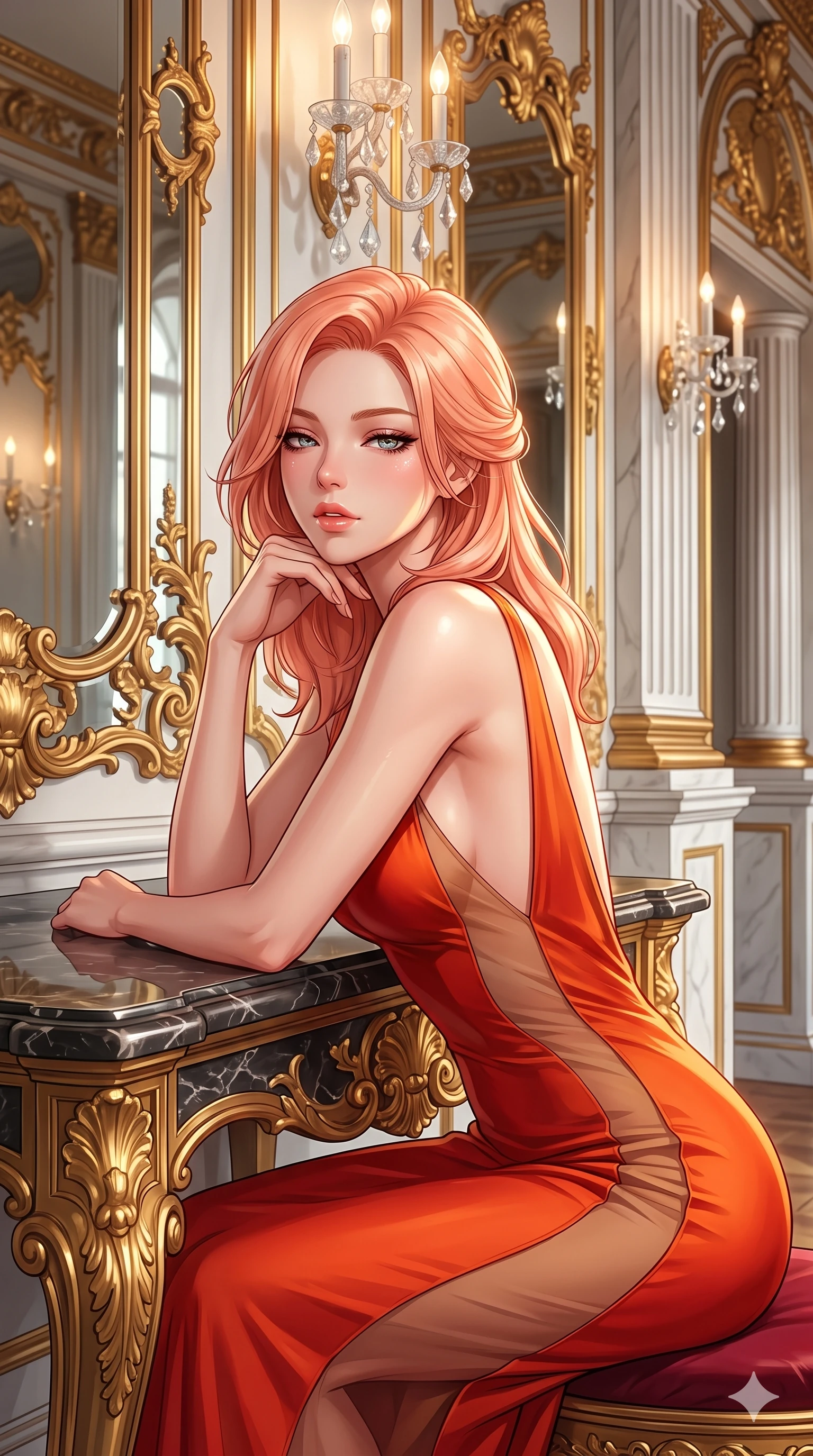 score_9, masterpiece, best quality, ultra-detailed, high-budget anime keyframe, semi-realistic 3D game render, editorial fashion photography, tasteful artistic composition, Japanese woman. close-up cowboy shot from the waist and thighs up, the character dominates the composition, filling the frame with her large presence. resting one elbow on the table and supporting her chin, leaning close to the camera with heavy-lidded sparkling eyes and parted lips while twisting her slender torso in an alluring contrapposto stance, crystal sconce refractions and gilded frame reflections tracing her flat midriff and hourglass curves. The surrounding environment is rendered in vivid detail and crisp panoramic clarity: sharp rococo gold-leaf scrollwork, mirror bevel speculars, and crisp alabaster stone grain in deep focus. She has an exceptionally elegant, slender, and willowy female figure with an ultra-slim waist, flat toned midriff, narrow ribcage, and sculpted feminine hips creating an alluring, slim hourglass silhouette without bulk. sharp v-shaped jawline, high-bridge nose, intricate jewel-like sparkling eyes with depth, thick eyelashes, glossy parted lips with a natural sheen, intensely captivating and seductive bedroom-eyes expression, exuding both youthful cute charm and sovereign luxury allure, flawlessly proportioned anatomical accuracy, strict slender model proportions, natural body alignment, perfectly sculpted long slender limbs, ultra-slim waistline, clean dynamic posture without body distortion. wearing a liquid-silk jersey evening gown with an ultra-deep plunging open back descending to the base of her spine and a sculpted hip-hugging skirt in imperial vermilion silk and warm bronze, featuring strategic sheer-illusion tulle side panels framing her ribcage and hips, complemented by strappy stiletto sandals with metallic ankle wraps accentuating her slender calves, the liquid-tight tailored fabric clinging flawlessly to her narrow waist and rounded feminine hips, emphasizing every millimeter of her sculpted slim hourglass curves without any bulky heaviness. illuminated by mirrored wall bounce and sharp diamond-gold rim lights carving her sculpted collarbones, ultra-slim waist, and curvy hips. highly saturated vibrant anime colors, detailed shading with soft gradients, rich glossy textures, high-contrast stereoscopic depth, volumetric dynamic lighting, master piece, 9:16 ratio