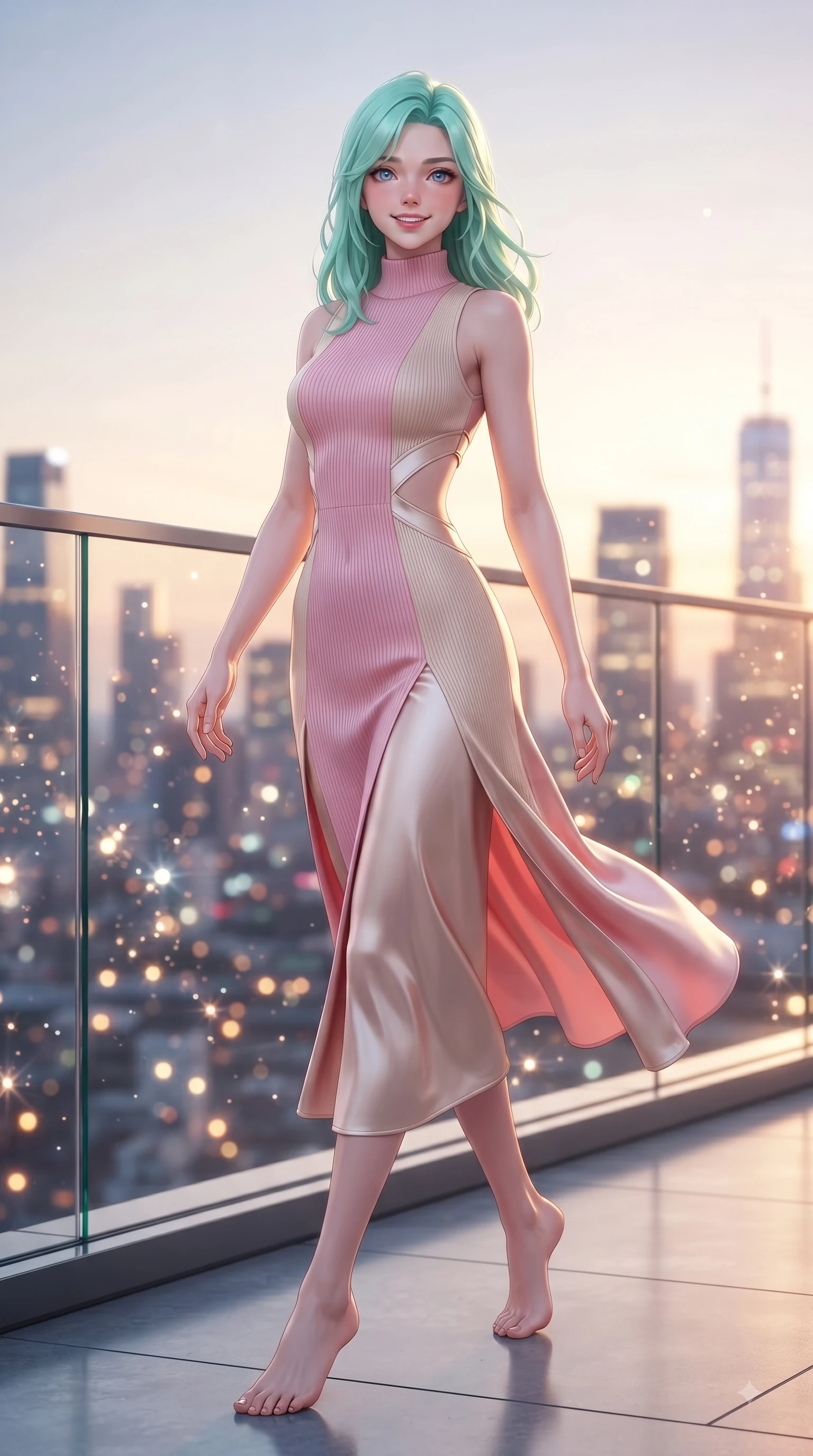 score_9, masterpiece, best quality, ultra-detailed, high-budget anime keyframe, editorial fashion photography, tasteful artistic composition, Japanese woman. low angle full-body shot from head to toe showing her feet, filling the entire 9:16 vertical frame with her statuesque presence, stretching her vertical silhouette. stepping forward gracefully in mid-motion with a delighted cute expression, displaying her statuesque model proportions while pivoting dynamically near a glass railing with city skyscraper outlines behind her. The composition keeps background elements in soft focus with dreamy bokeh. twinkling city tower lights and glowing sunset sky blurred into sparkling urban bokeh. She has an absolutely perfect, statuesque 8.5-heads proportion, an exceptionally tall and slender model-like female figure with impossibly long slender legs and an ultra-slim waist. sharp v-shaped jawline, high-bridge nose, intricate jewel-like eyes with depth, thick eyelashes, glossy lips with a natural sheen, flawlessly proportioned anatomical accuracy, natural body alignment, perfectly sculpted elegant limbs, clean dynamic posture without body distortion. wearing a high-neck sleeveless ribbed knit dress following her statuesque figure like a glove in bright cherry blossom pink and champagne, crafted from smooth liquid silk satin, complemented by clean architectural cutouts along her slender torso, the elegant draped fit framing her graceful clavicle and slender torso. illuminated by crisp specular highlights and clear rim lighting. ultra-reflective glossy finish, specular highlights, metallic sheen, high-contrast stereoscopic depth, volumetric dynamic lighting, 2k, ultra detail, master piece, 9:16 ratio