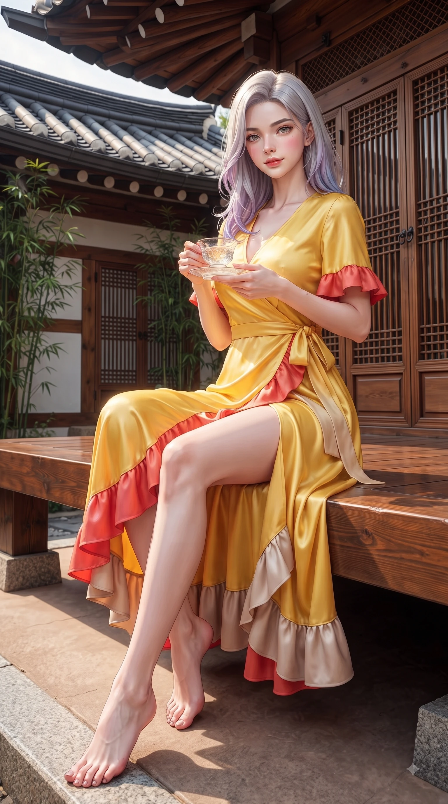 score_9, masterpiece, best quality, ultra-detailed, high-budget anime keyframe, editorial fashion photography, tasteful artistic composition, Caucasian woman. low angle full-body shot from head to toe showing her feet, filling the entire 9:16 vertical frame with her statuesque presence, stretching her vertical silhouette. Airy, translucent innocence with a soft subtle smile and a clear, pristine gaze into the lens while sitting on a polished wooden Hanok veranda holding a delicate porcelain tea cup. The surrounding environment is rendered in vivid detail and crisp panoramic clarity. traditional Hanok clay roof tiles, intricate wooden lattice doors, and green bamboo stalks in crisp clarity. She has an absolutely perfect, statuesque 8.5-heads proportion, an exceptionally tall and slender model-like female figure with impossibly long slender legs and an ultra-slim waist. sharp v-shaped jawline, high-bridge nose, intricate jewel-like eyes with depth, thick eyelashes, glossy lips with a natural sheen, flawlessly proportioned anatomical accuracy, natural body alignment, perfectly sculpted elegant limbs, clean dynamic posture without body distortion. wearing a cheerful sunflower yellow silk wrap dress with fluttery ruffle hems in vibrant coral red and soft beige, crafted from smooth liquid silk satin, finished with a sleek side slit ascending to mid-thigh, the fluid drape swaying gracefully with her dynamic editorial movement. surrounded by a serene, elegant, and heritage fashion editorial aura. ultra-reflective glossy finish, specular highlights, metallic sheen, high-contrast stereoscopic depth, volumetric dynamic lighting, 2k, ultra detail, master piece, 9:16 ratio