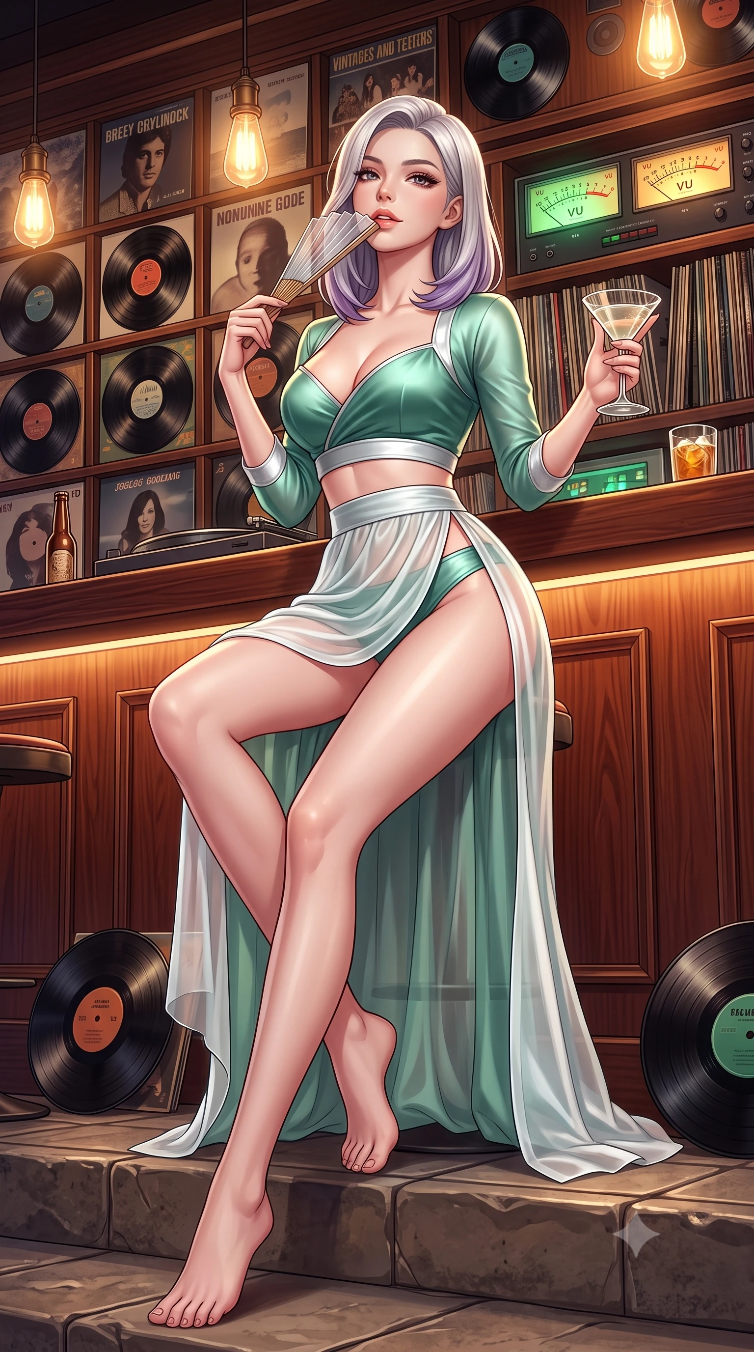 score_9, masterpiece, best quality, ultra-detailed, high-budget anime keyframe, semi-realistic 3D game render, editorial fashion photography, tasteful artistic composition, Caucasian woman. low angle full-body shot from head to toe showing her feet, filling the entire 9:16 vertical frame with her statuesque presence, stretching her vertical silhouette. sitting poised on the stone steps with one knee bent, arching her spine with supermodel elegance as she glances upward through thick eyelashes while leaning against the illuminated wooden bar counter with hips cocked back, holding a cocktail glass while casting a smoldering half-smile. The surrounding environment is rendered in vivid detail and crisp panoramic clarity: sharp vinyl record groove sheen, analog stereo VU meter needle clarity, and polished mahogany bar grain in deep focus. She has an absolutely perfect, statuesque 8.5-heads proportion, an exceptionally tall and slender model-like female figure with impossibly long slender legs, an ultra-slim waist, a flat toned midriff, narrow delicate ribcage, and beautifully sculpted feminine hips creating a graceful, slim hourglass silhouette without any bulky heaviness. sharp v-shaped jawline, high-bridge nose, sparkling eyes with hypnotic seductive depth, thick curled eyelashes, glossy parted lips with a natural dewy peach sheen, alluring bedroom-eyes with an enchanting coquettish smile, exuding magnetic siren charisma and sophisticated glamour, flawlessly proportioned anatomical accuracy, strict slender model proportions, natural body alignment, perfectly sculpted long slender limbs, ultra-slim waistline, clean dynamic posture without body distortion. wearing a plunging sweetheart-neckline silk jeogori crop top paired with an ultra-high-slit translucent chima wrap skirt and satin briefs in moonlit jade green and pure alabaster white with silver accents, crafted from fluid liquid silk satin that clings smoothly to every curve with a dewy sheen, finished with a transparent silk folding fan held gracefully near her glossy parted lips, the high-slit wrap tailoring accentuating her ultra-slim waistline and the enchanting curve of her feminine hips with alluring seductive charm. bathed in warm incandescent pendant lighting and glowing green-and-amber stereo VU meter backlights. highly saturated vibrant anime colors, detailed shading with soft gradients, rich glossy textures, high-contrast stereoscopic depth, volumetric dynamic lighting, master piece, 9:16 ratio