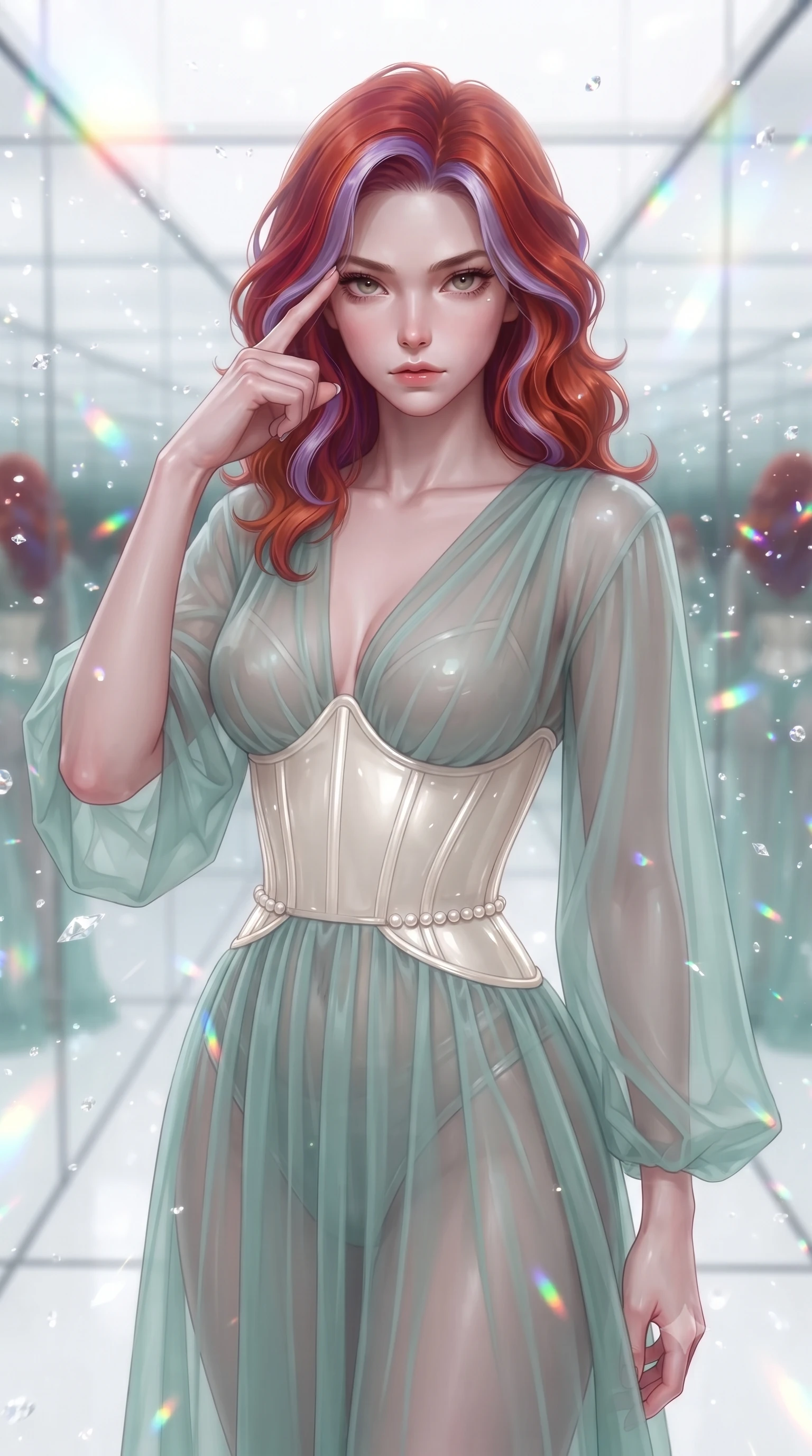 score_9, masterpiece, best quality, ultra-detailed, high-budget anime keyframe, editorial fashion photography, tasteful artistic composition, Caucasian woman. close-up cowboy shot from the waist and thighs up, the character dominates the composition, filling the frame with her large presence, background elements kept in soft focus. Pressing two fingers to her temple in a composed, sharp thoughtful gesture, inside a high-fashion crystal mirror maze filled with floating diamond dust particles, infinite mirror reflections stretching into bright white glass space. She has an exceptionally elegant, slender, and willowy female figure with an ultra-slim waist, a gracefully sculpted slender torso, and a refined silhouette. sharp v-shaped jawline, high-bridge nose, intricate jewel-like eyes with depth, thick eyelashes, glossy lips with a natural sheen. wearing semi-opaque sheer seafoam chiffon gown revealing structured corset silhouette in glowing ivory, made of high-gloss liquid pearl vinyl, adorned with minimalist pearl hardware framing the waistline, sculpting her athletic slender build with refined precision. illuminated by brilliant multi-color rainbow light refracting through diamond facets. highly saturated vibrant anime colors, detailed shading with soft gradients, rich glossy textures, high-contrast stereoscopic depth, volumetric dynamic lighting, master piece, 9:16 ratio