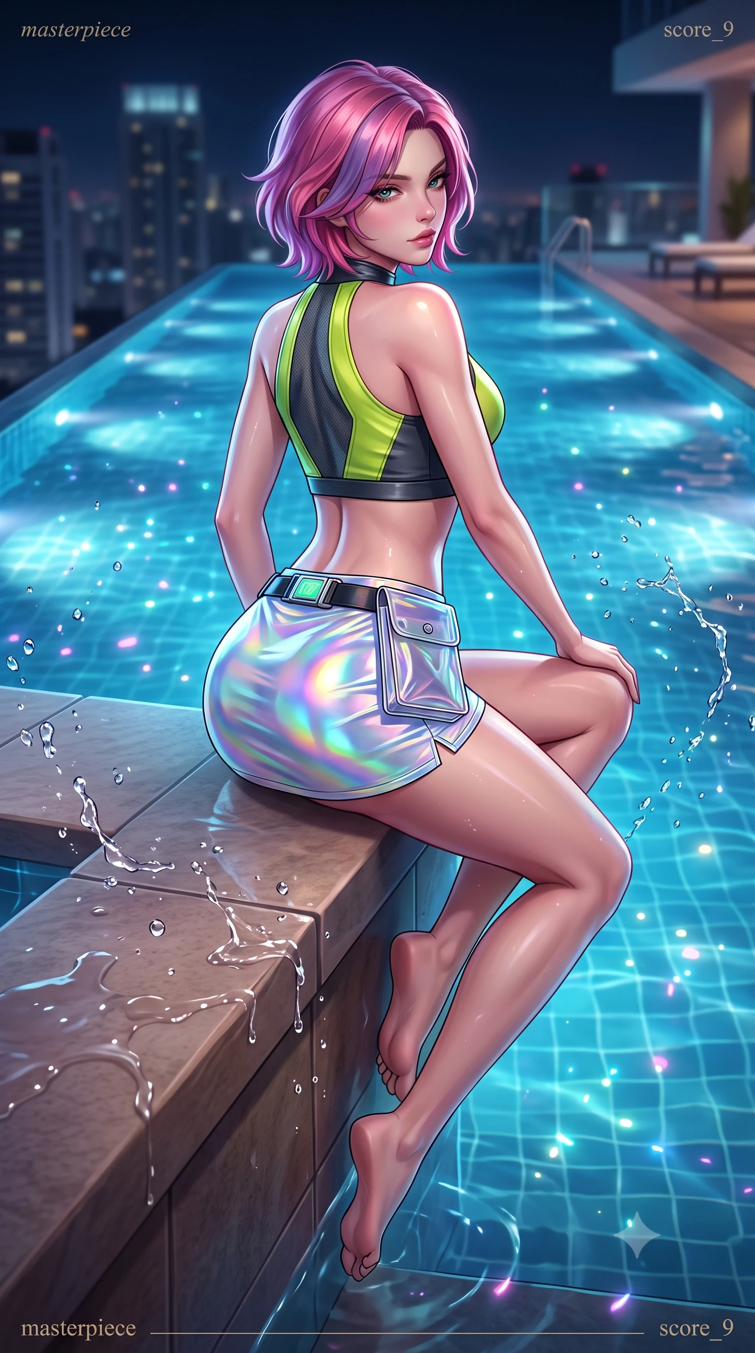 score_9, masterpiece, best quality, ultra-detailed, high-budget anime keyframe, semi-realistic 3D game render, editorial fashion photography, tasteful artistic composition, Caucasian woman. low angle full-body shot from head to toe showing her feet, filling the entire 9:16 vertical frame with her statuesque presence, stretching her vertical silhouette. sitting perched on the elevated ledge with hips angled toward the camera and legs crossed, displaying her toned midriff and flawlessly sculpted slender limbs while standing at the infinity pool edge with her back to the camera, twisting her torso to cast a smoldering, dangerous look over her shoulder. The composition keeps background elements in soft focus with creamy bokeh. splashing water droplets and underwater LED light rays scattering shimmering neon light motes. She has an absolutely perfect, statuesque 8.5-heads proportion, an exceptionally tall and slender model-like female figure with impossibly long slender legs, a toned flat midriff, an ultra-slim waist, and beautifully sculpted feminine hips. sharp v-shaped jawline, high-bridge nose, intricate jewel-like eyes with depth, thick eyelashes, glossy parted lips with a natural sheen, intensely captivating and seductive bedroom-eyes expression, flawlessly proportioned anatomical accuracy, strict slender model proportions, natural body alignment, perfectly sculpted long slender limbs, ultra-slim waistline, clean dynamic posture without body distortion. wearing a low-rise holographic micro-skirt paired with an aerodynamic crop halter top in acid lime green and dark carbon grey, made of breathable technical athletic mesh and liquid-finish track nylon, finished with a neon LED belt buckle and translucent vinyl tool pouch, the second-skin form-contouring cut accentuating her sculpted flat midriff, narrow waistline, and dramatically curvy hips without adding bulk. surrounded by an electrifying, hypnotic, and irresistibly provocative nightlife goddess aura. highly saturated vibrant anime colors, detailed shading with soft gradients, rich glossy textures, high-contrast stereoscopic depth, volumetric dynamic lighting, master piece, 9:16 ratio