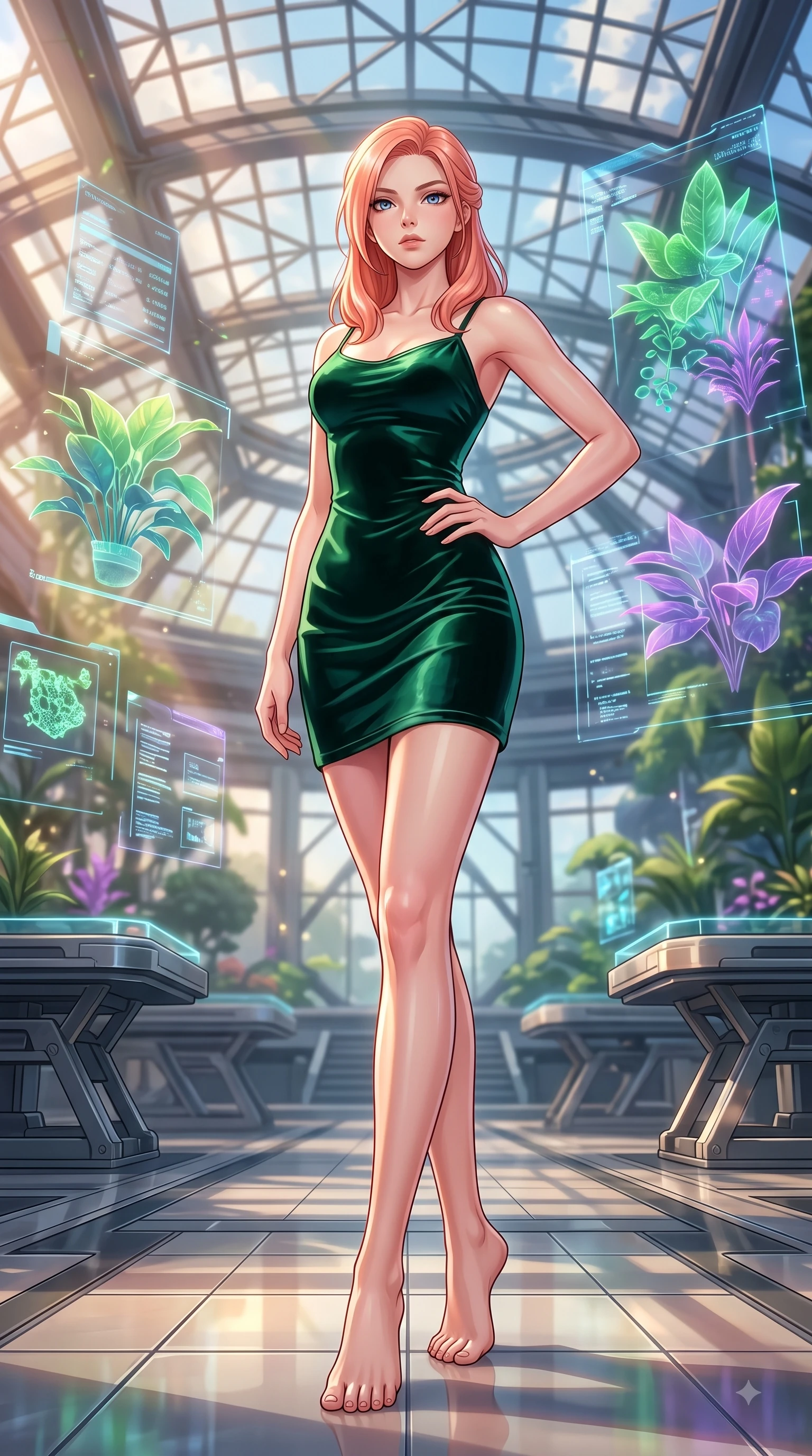 score_9, masterpiece, best quality, ultra-detailed, high-budget anime keyframe, editorial fashion photography, tasteful artistic composition, Japanese woman woman. low angle full-body shot from head to toe showing her feet, filling the entire 9:16 vertical frame with her statuesque presence, stretching her vertical silhouette. She has an absolutely perfect, statuesque 8.5-heads proportion, an exceptionally tall and slender model-like female figure with impossibly long slender legs and an ultra-slim waist. standing victorious in a commanding statuesque pose, filling the frame with her slender presence, flawlessly proportioned anatomical accuracy, natural body alignment, perfectly sculpted elegant limbs, clean dynamic posture without body distortion. set against a soft-focus background of a futuristic botanical pavilion with floating hologram plants. wearing a fitted dark emerald velvet slip dress with a smooth liquid sheen and delicate straps. bathed in dappled morning sunlight filtering through glass roof grid structures. highly saturated vibrant anime colors, detailed shading with soft gradients, rich glossy textures, high-contrast stereoscopic depth, volumetric dynamic lighting, master piece, 9:16 ratio