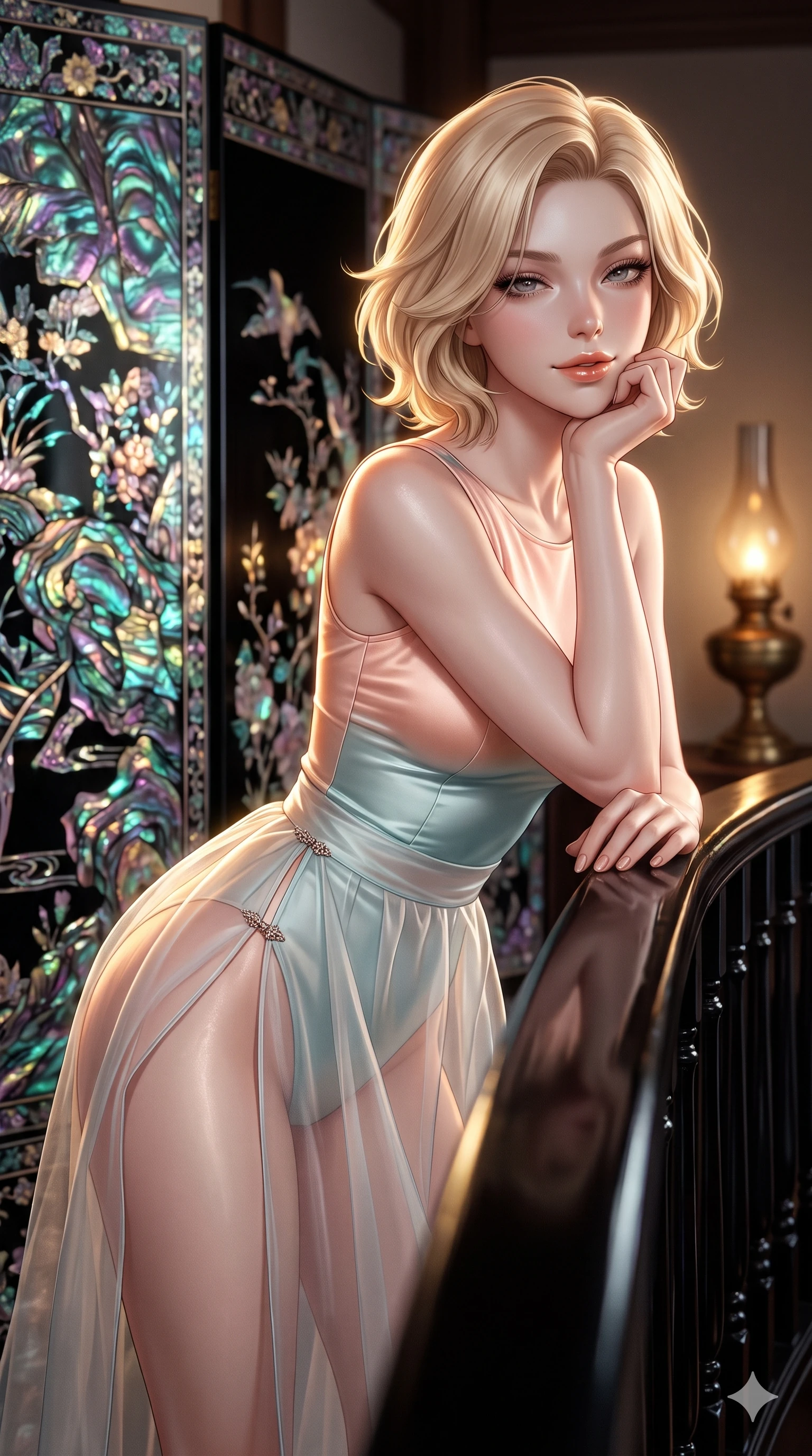 score_9, masterpiece, best quality, ultra-detailed, high-budget anime keyframe, editorial fashion photography, tasteful artistic composition, Caucasian woman. close-up cowboy shot from the waist and thighs up, the character dominates the composition, filling the frame with her large presence. resting one elbow on the lacquered balustrade and supporting her chin, leaning close to the camera with heavy-lidded sparkling eyes and parted lips while standing poised beside the iridescent najeonchilgi folding screen, casting a sovereign, seductive bedroom-gaze toward the viewer. The surrounding environment is rendered in vivid detail and crisp panoramic clarity: sharp iridescent abalone shell inlay edges, deep mirror-like black lacquer gloss, and bronze oil lamp patina in deep focus. She has an exceptionally elegant, slender, and willowy female figure with an ultra-slim waist, flat toned midriff, narrow ribcage, and sculpted feminine hips creating an alluring, slim hourglass silhouette without bulk. sharp v-shaped jawline, high-bridge nose, sparkling eyes with hypnotic seductive depth, thick curled eyelashes, glossy parted lips with a natural dewy peach sheen, alluring bedroom-eyes with an enchanting coquettish smile, exuding magnetic siren charisma and sophisticated glamour, flawlessly proportioned anatomical accuracy, strict slender model proportions, natural body alignment, perfectly sculpted long slender limbs, ultra-slim waistline, clean dynamic posture without body distortion. wearing a provocative sheer nobang organza wrap overskirt layered over a form-fitting silk leotard with bare hip flanks in pastel peach blossom and celadon porcelain blue, tailored from smooth liquid silk satin with a natural dewy moonlight sheen, finished with an ultra-high side slit secured by miniature jeweled clasps, the impeccably tailored cut draping gracefully along her slender figure with aristocratic eastern poise. illuminated by mother-of-pearl screen iridescence bounce and sharp gold-pearl rim lights sculpting her razor-sharp jawline, narrow waist, and curvy hips. ultra-reflective glossy finish, specular highlights, rich textural contrasts, high-contrast stereoscopic depth, volumetric dynamic lighting, 2k, ultra detail, master piece, 9:16 ratio
