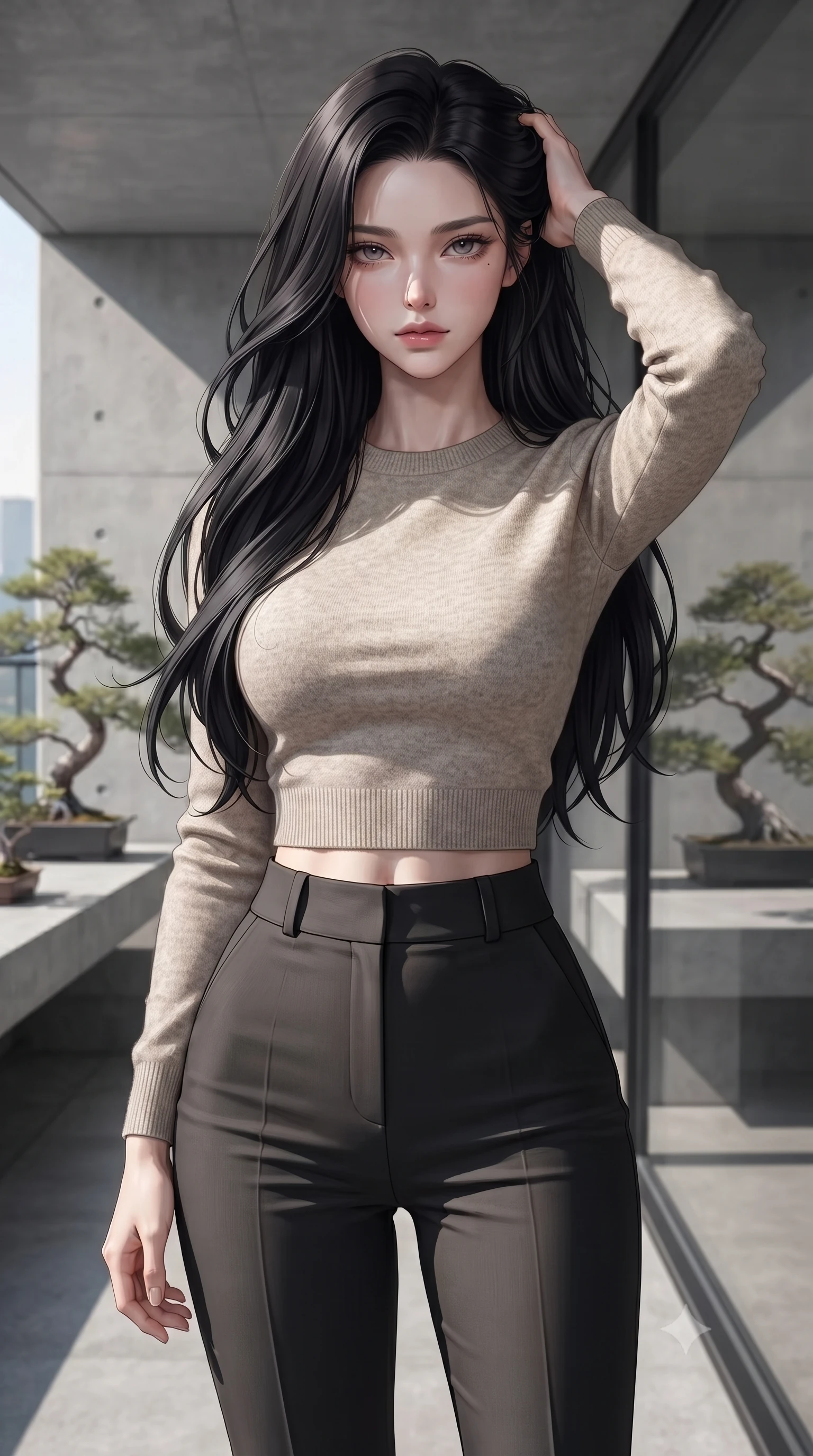 score_9, masterpiece, best quality, ultra-detailed, high-budget anime keyframe, editorial fashion photography, tasteful artistic composition, Korean woman. close-up cowboy shot from the waist and thighs up, the character dominates the composition, filling the frame with her large presence, background elements kept in soft focus. smiling with quiet, magnetic self-assurance directly into the camera, running a hand through her hair the background shows a soft-focus a modern rail observation deck with minimalist concrete details and bonsai plants. She has an exceptionally elegant, slender, and willowy female figure with an ultra-slim waist, a gracefully sculpted slender torso, and a refined silhouette. sharp v-shaped jawline, high-bridge nose, intricate jewel-like eyes with depth, thick eyelashes, glossy lips with a natural sheen. wearing a slim-fit tight-fitting crop sweater in oatmeal wool, paired with high-waisted form-fitting pants. sharp afternoon sunbeams casting clean, structured shadows across her pose. ultra-reflective glossy finish, specular highlights, metallic sheen, high-contrast stereoscopic depth, volumetric dynamic lighting, 2k, ultra detail, master piece, 9:16 ratio